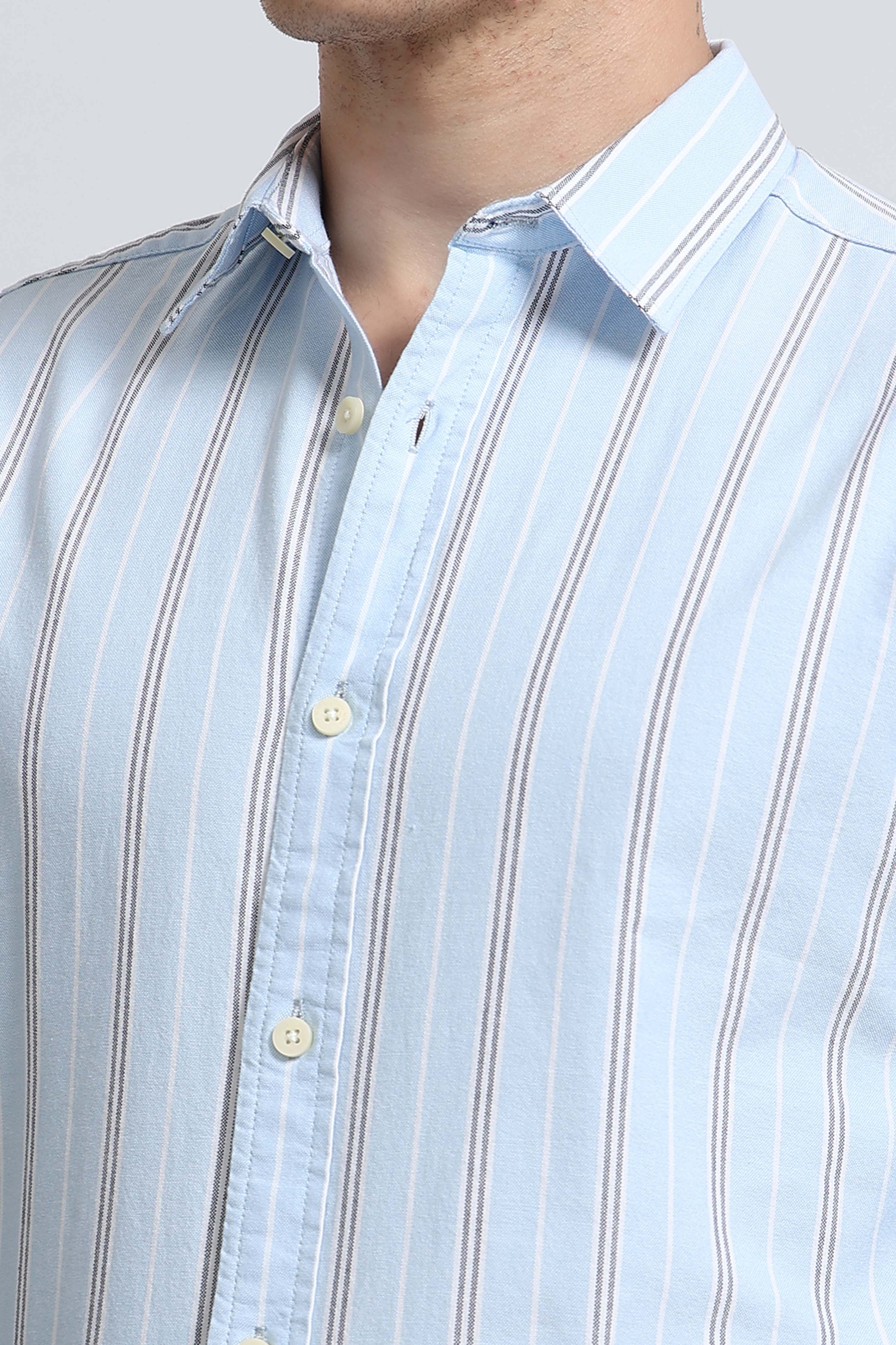Men Blue Classic Striped Cotton Shirt