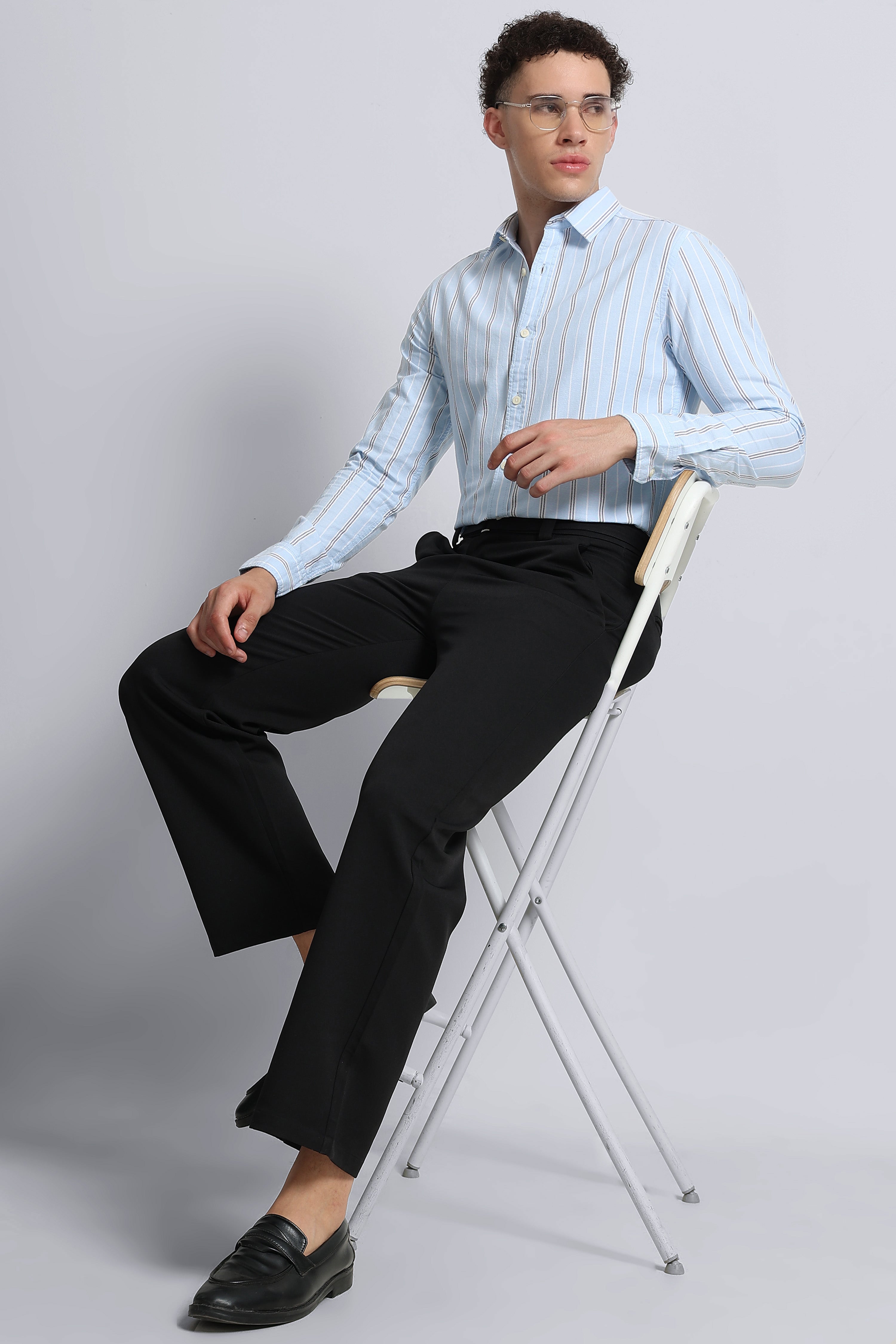 Men Blue Classic Striped Cotton Shirt