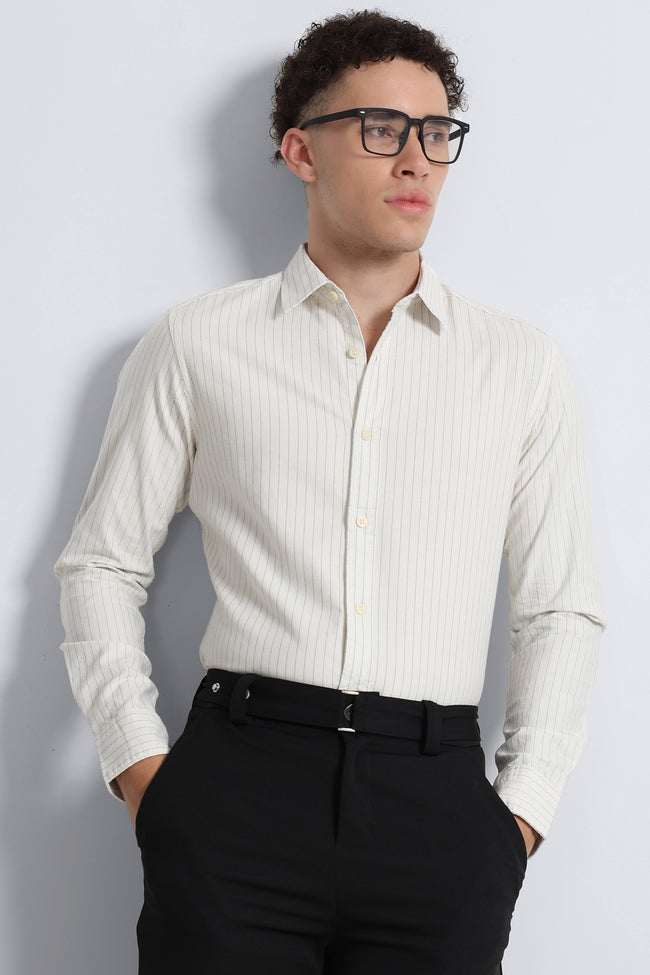 Men Cream Striped Cotton Shirt