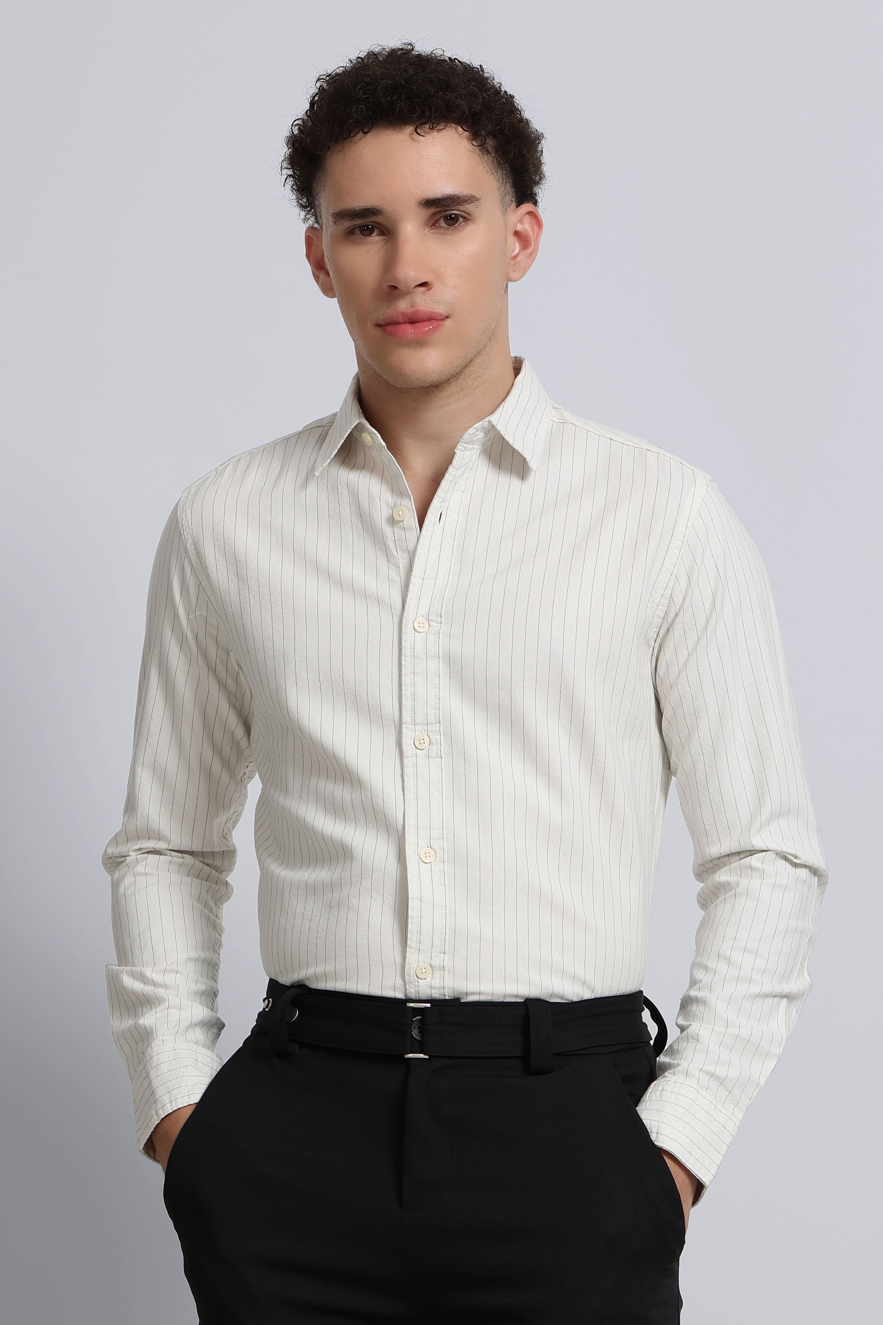 Men Cream Striped Cotton Shirt