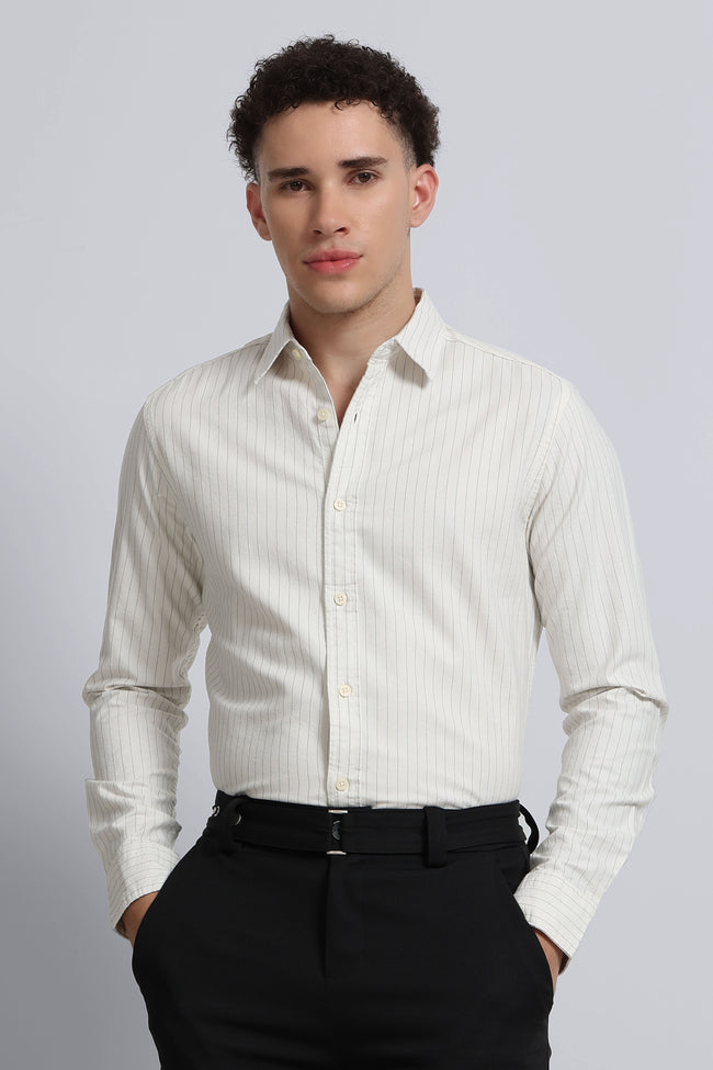 Men Cream Striped Cotton Shirt