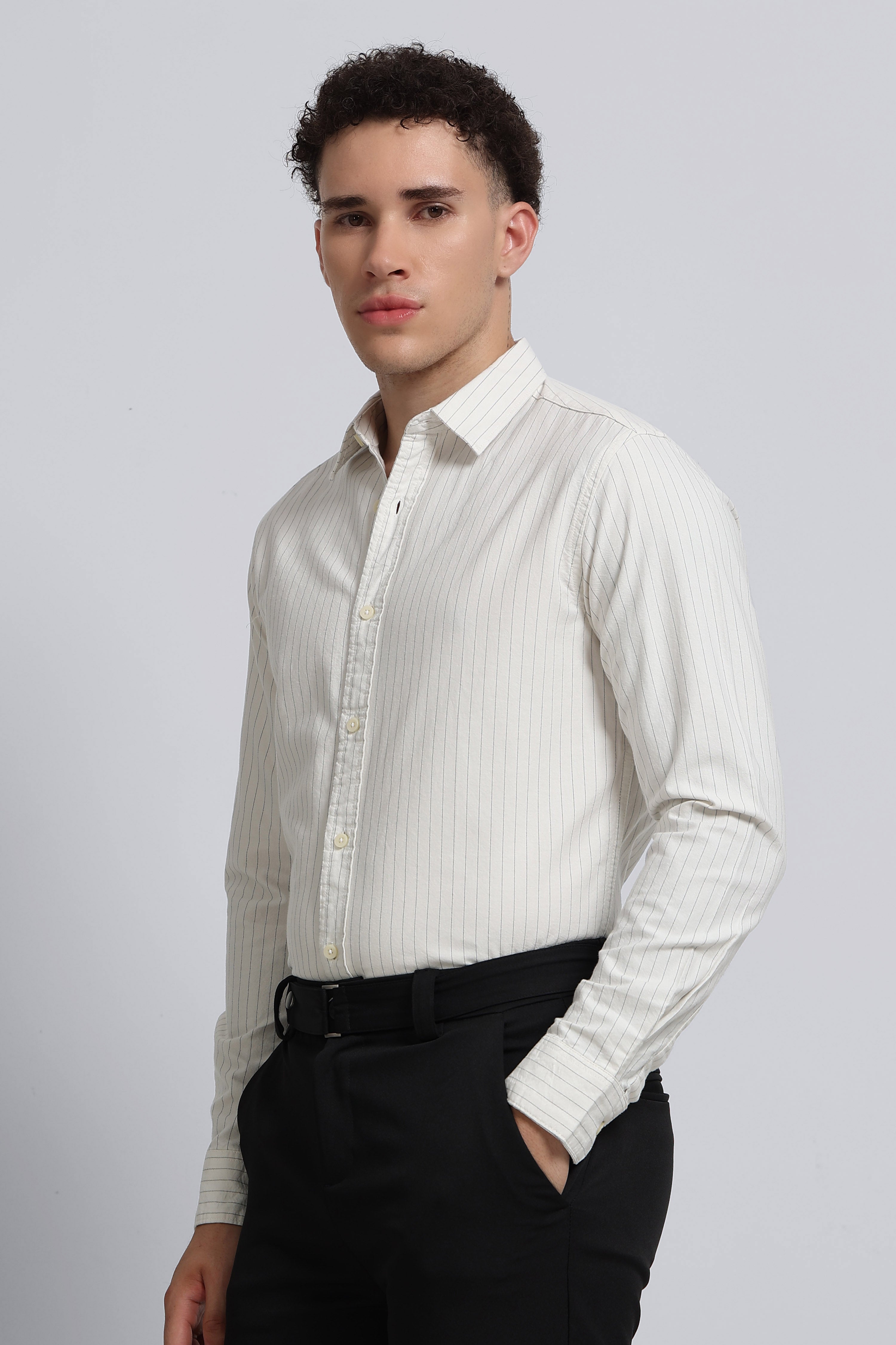 Men Cream Striped Cotton Shirt