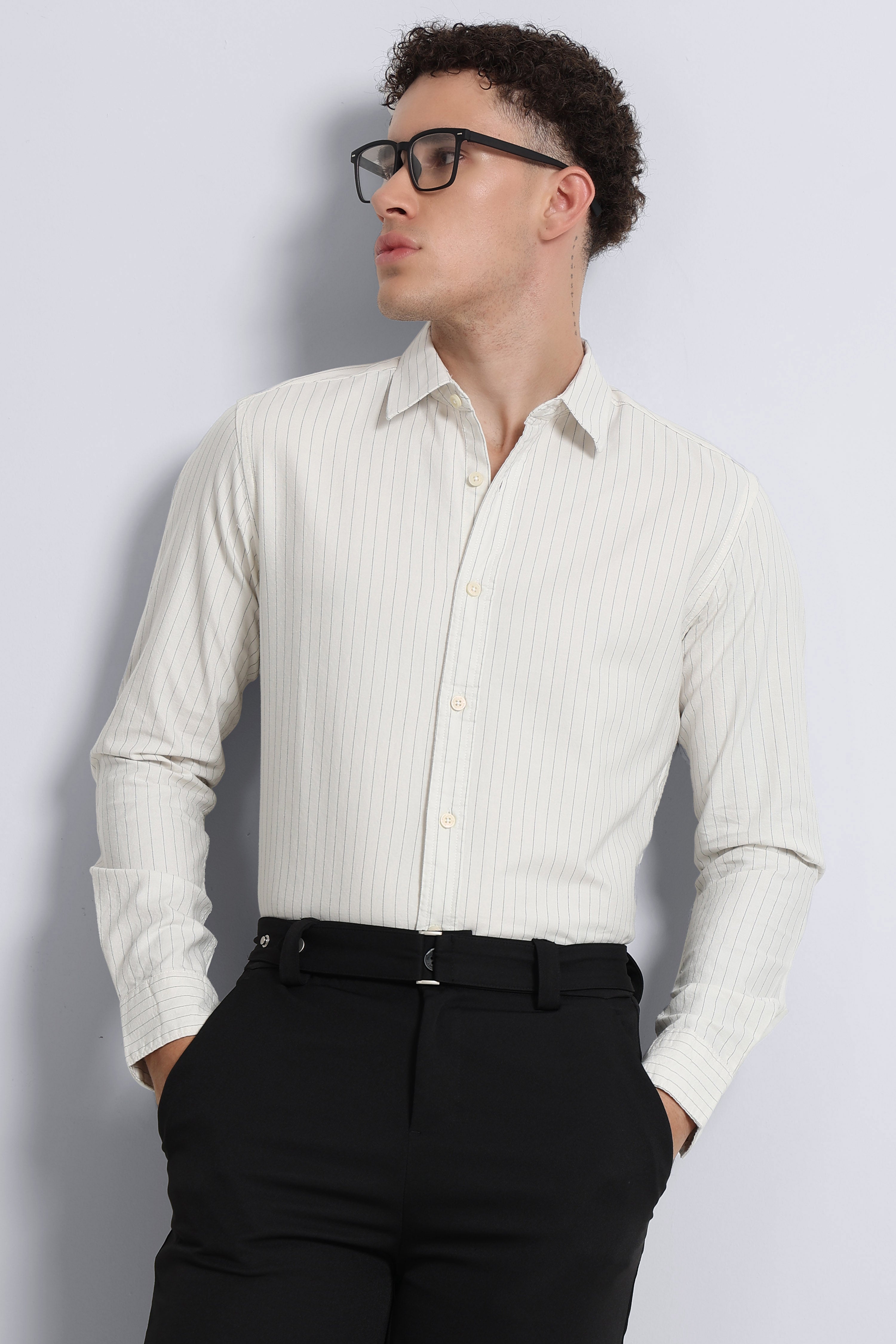 Men Cream Striped Cotton Shirt