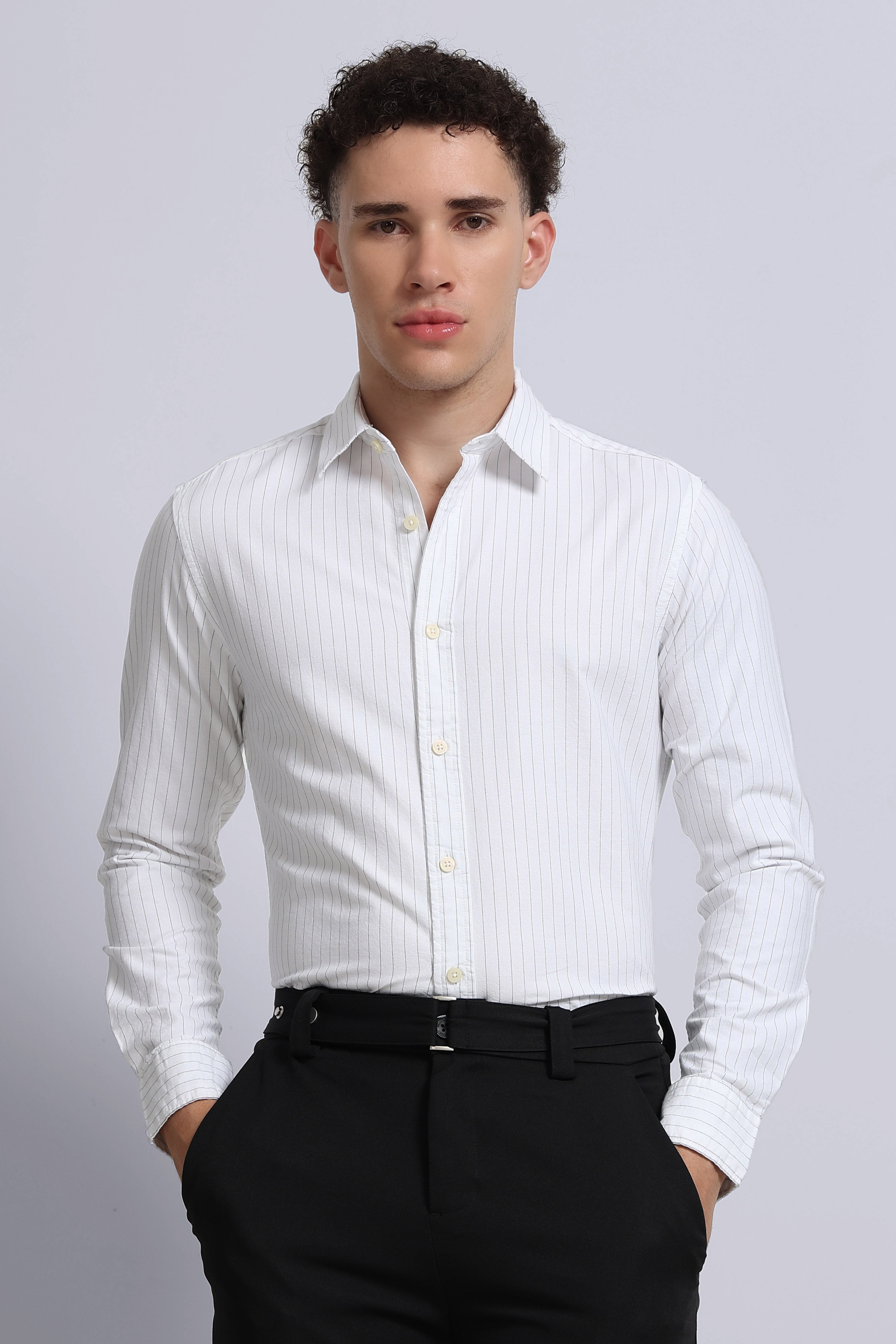 Men Off White Striped Cotton Shirt