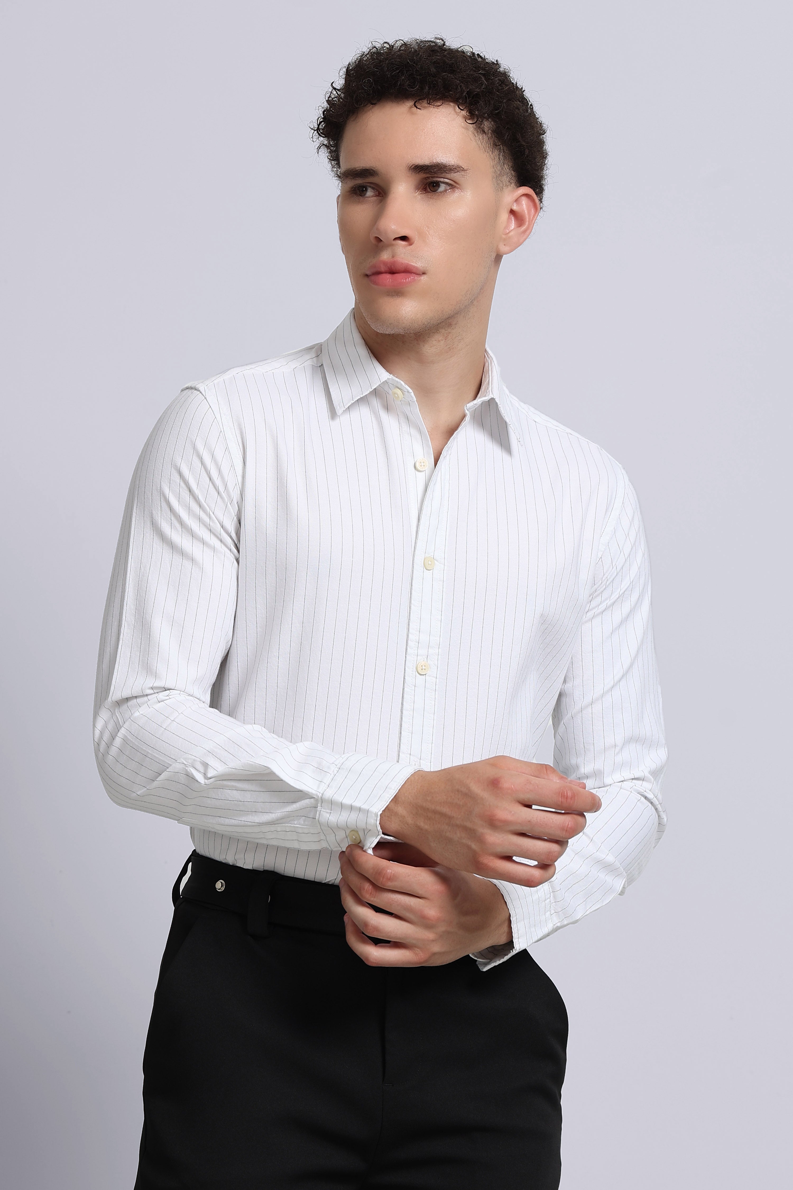 Men Off White Striped Cotton Shirt