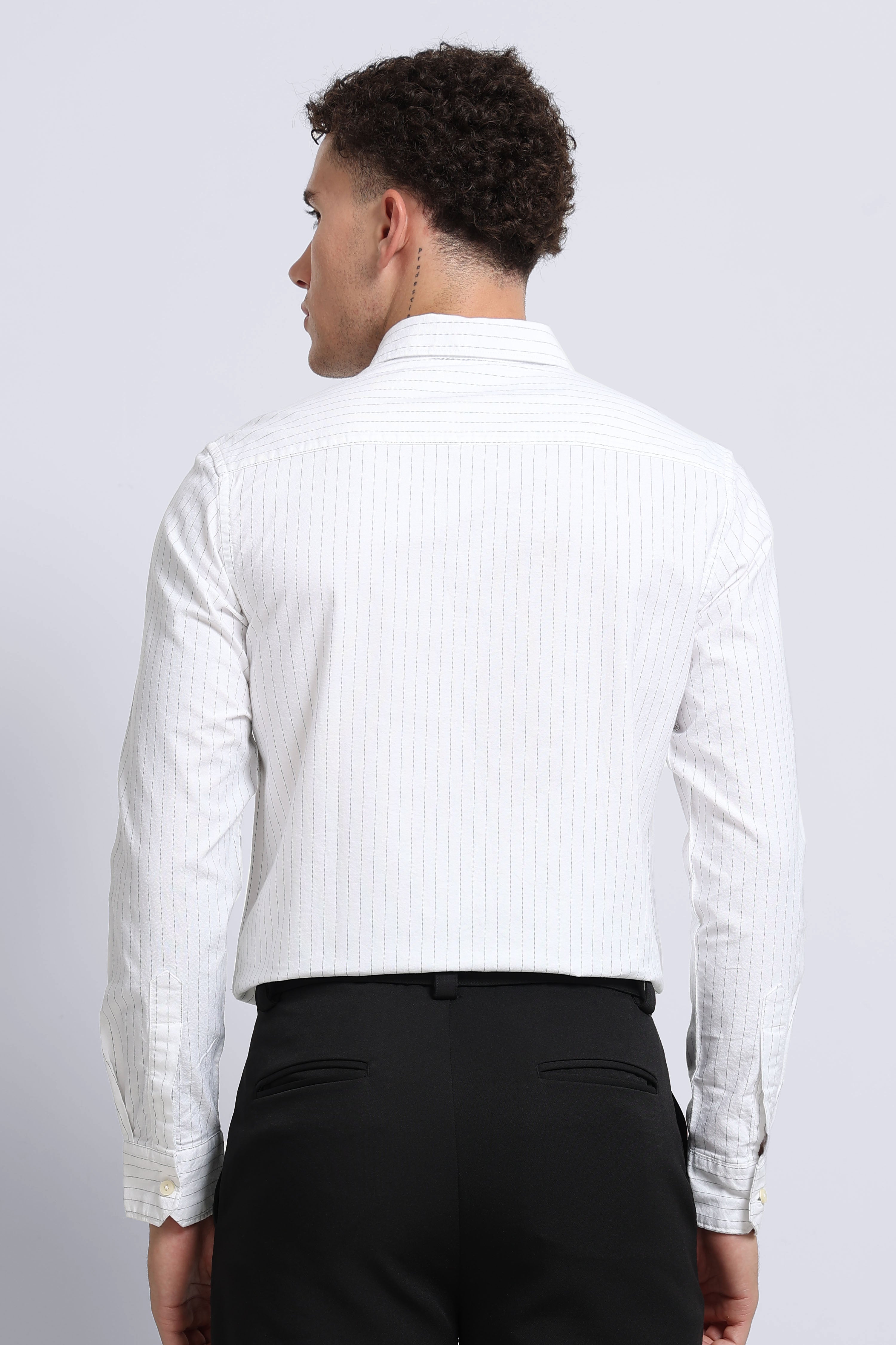 Men Off White Striped Cotton Shirt