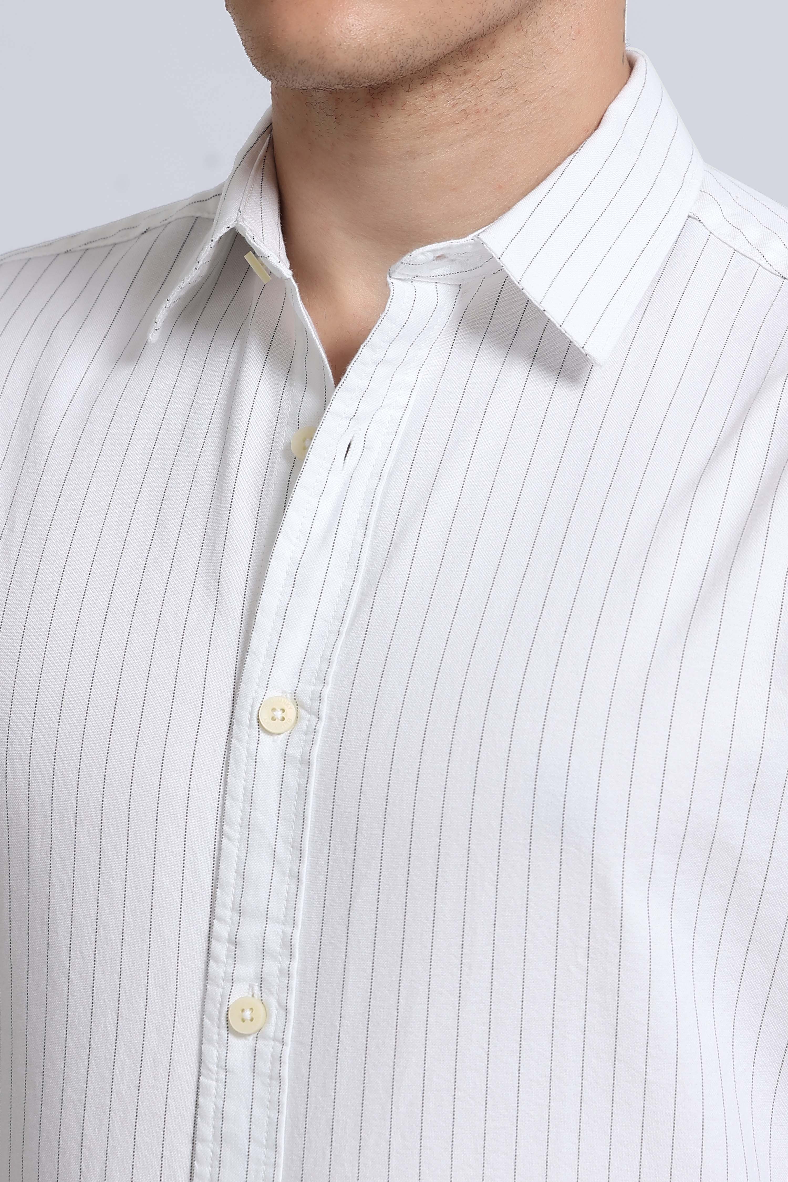 Men Off White Striped Cotton Shirt