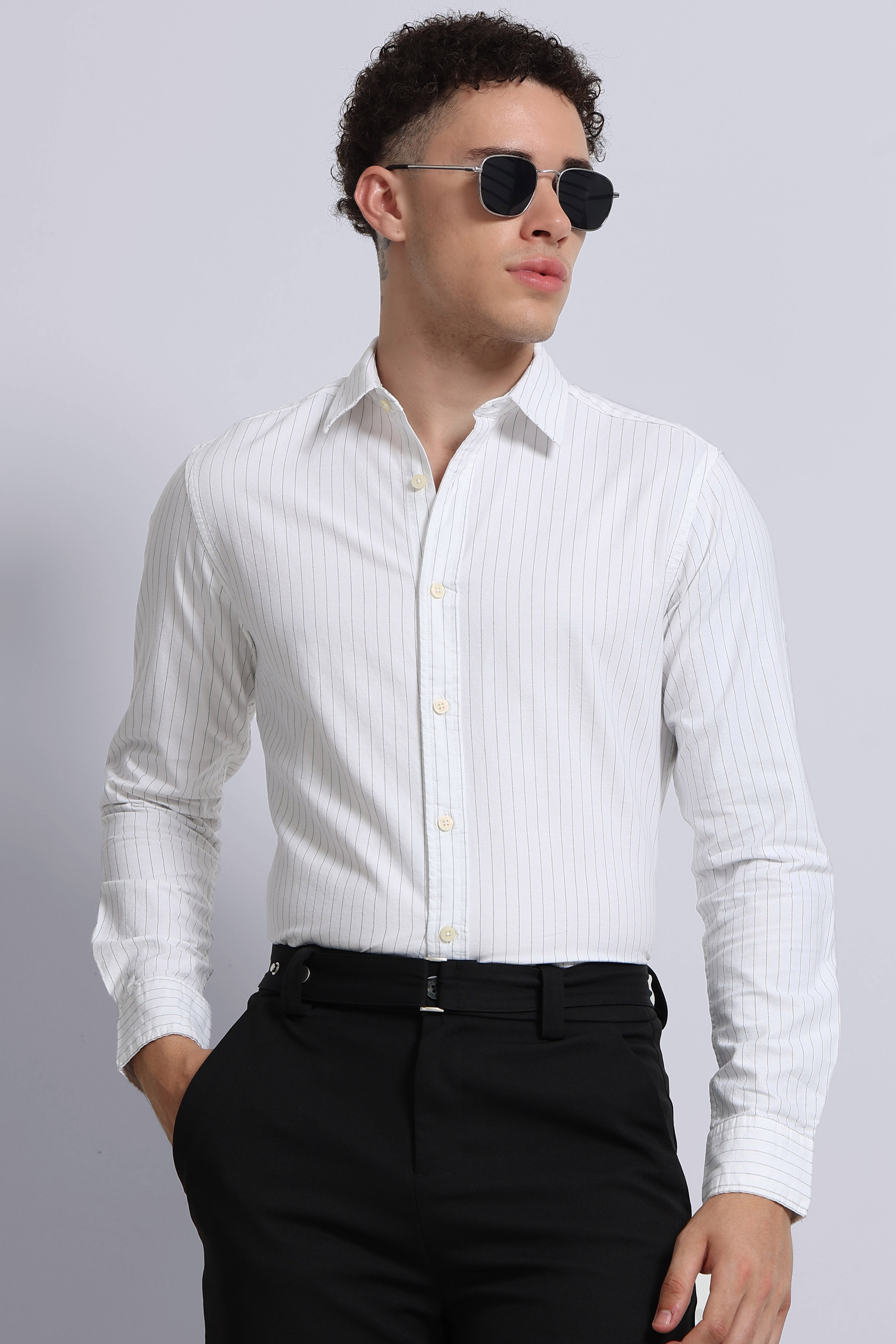 Men Off White Striped Cotton Shirt