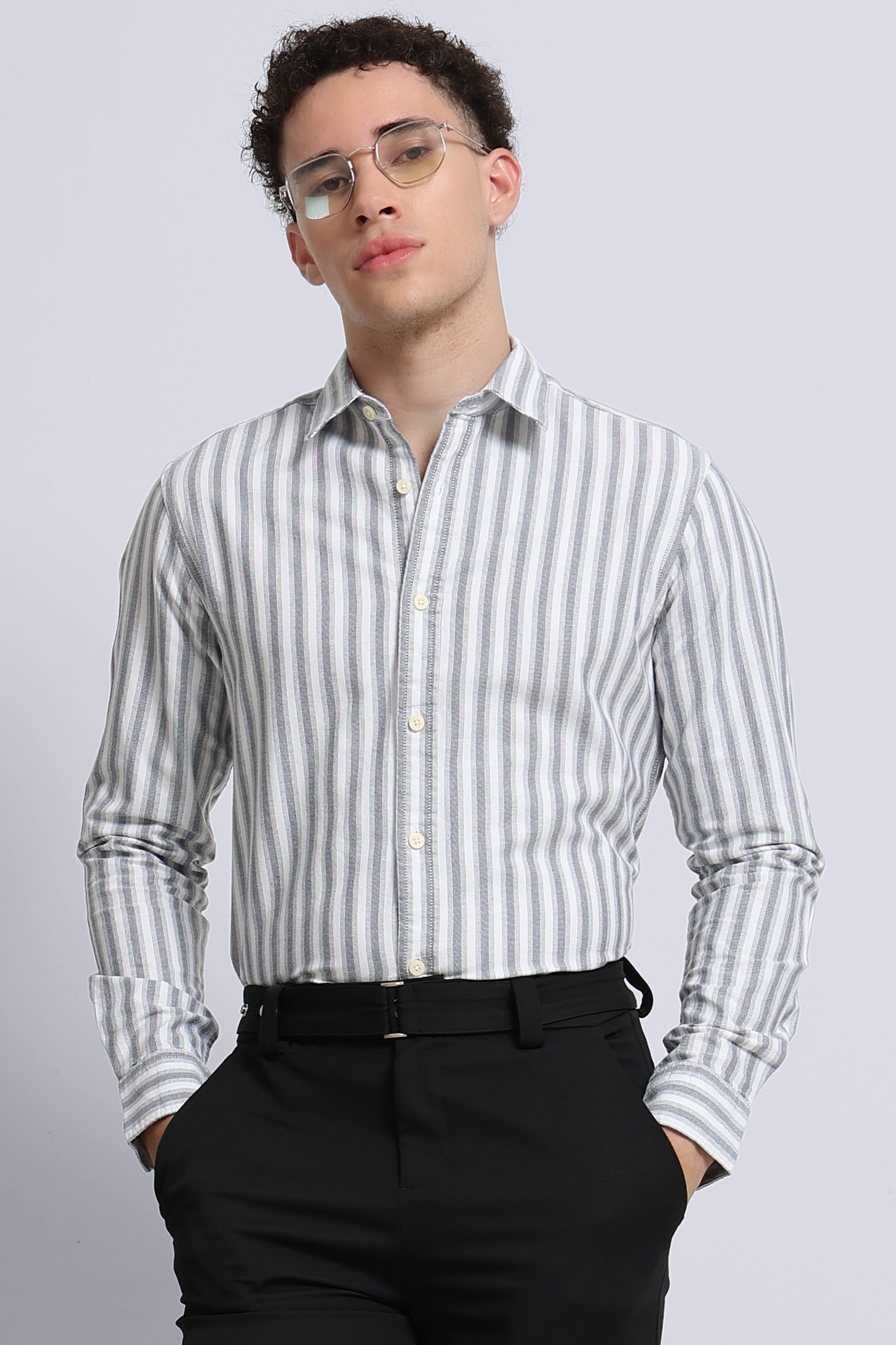 Men Black Classic Striped Cotton Shirt