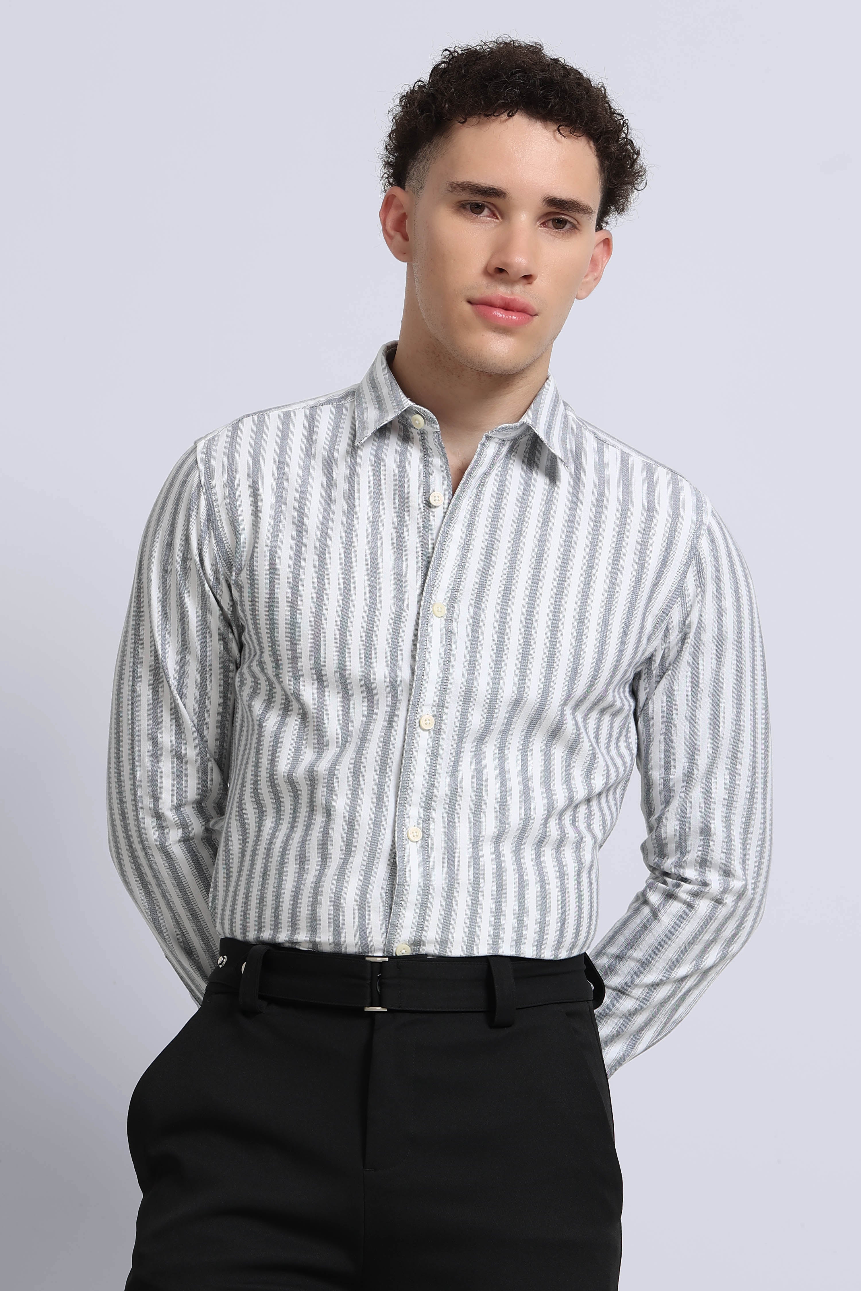 Men Black Classic Striped Cotton Shirt