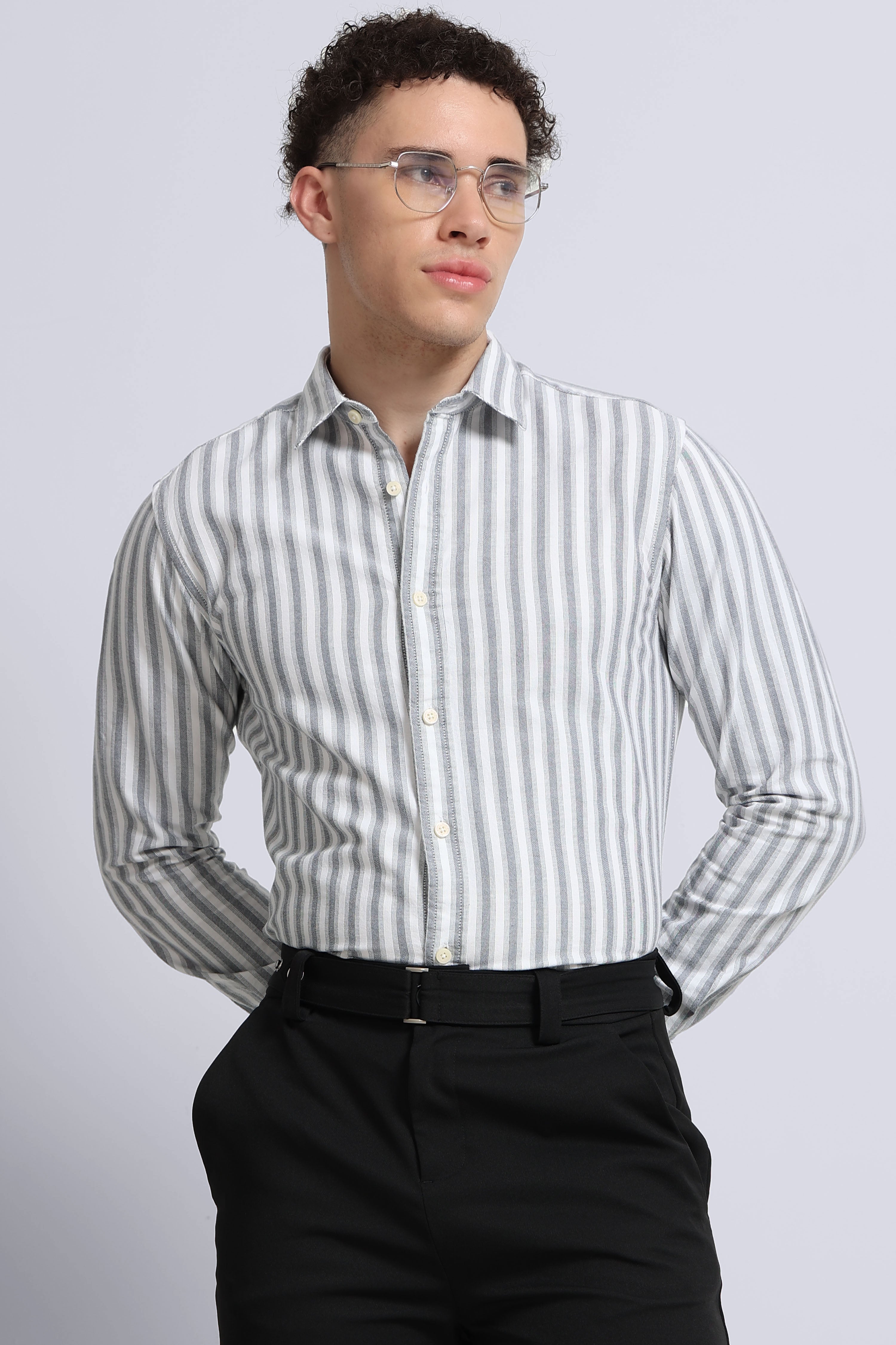 Men Black Classic Striped Cotton Shirt