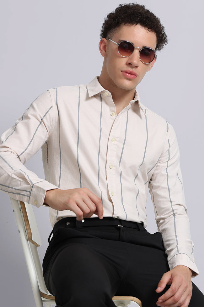 Men Cream Classic Striped Cotton Shirt