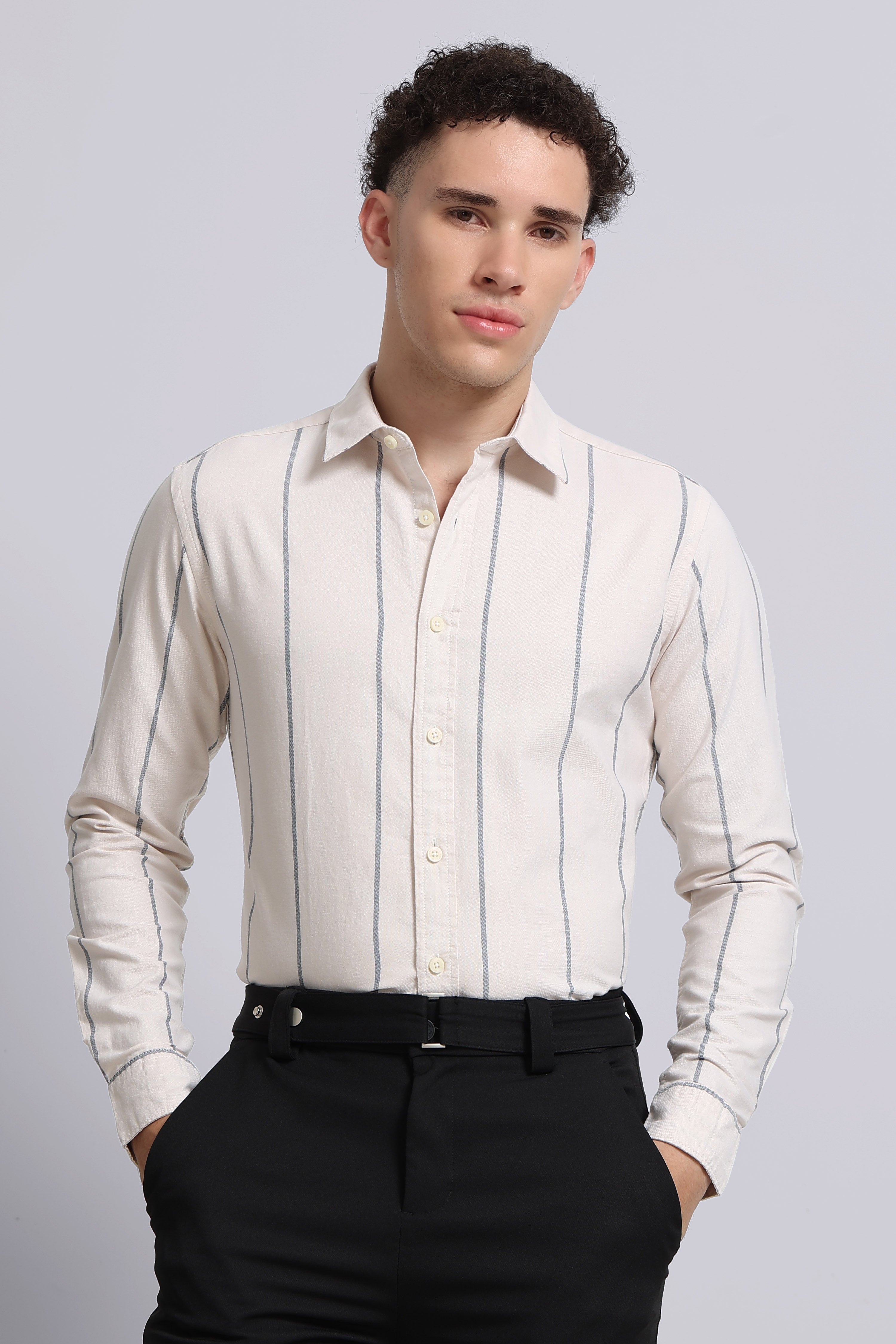 Men Cream Classic Striped Cotton Shirt