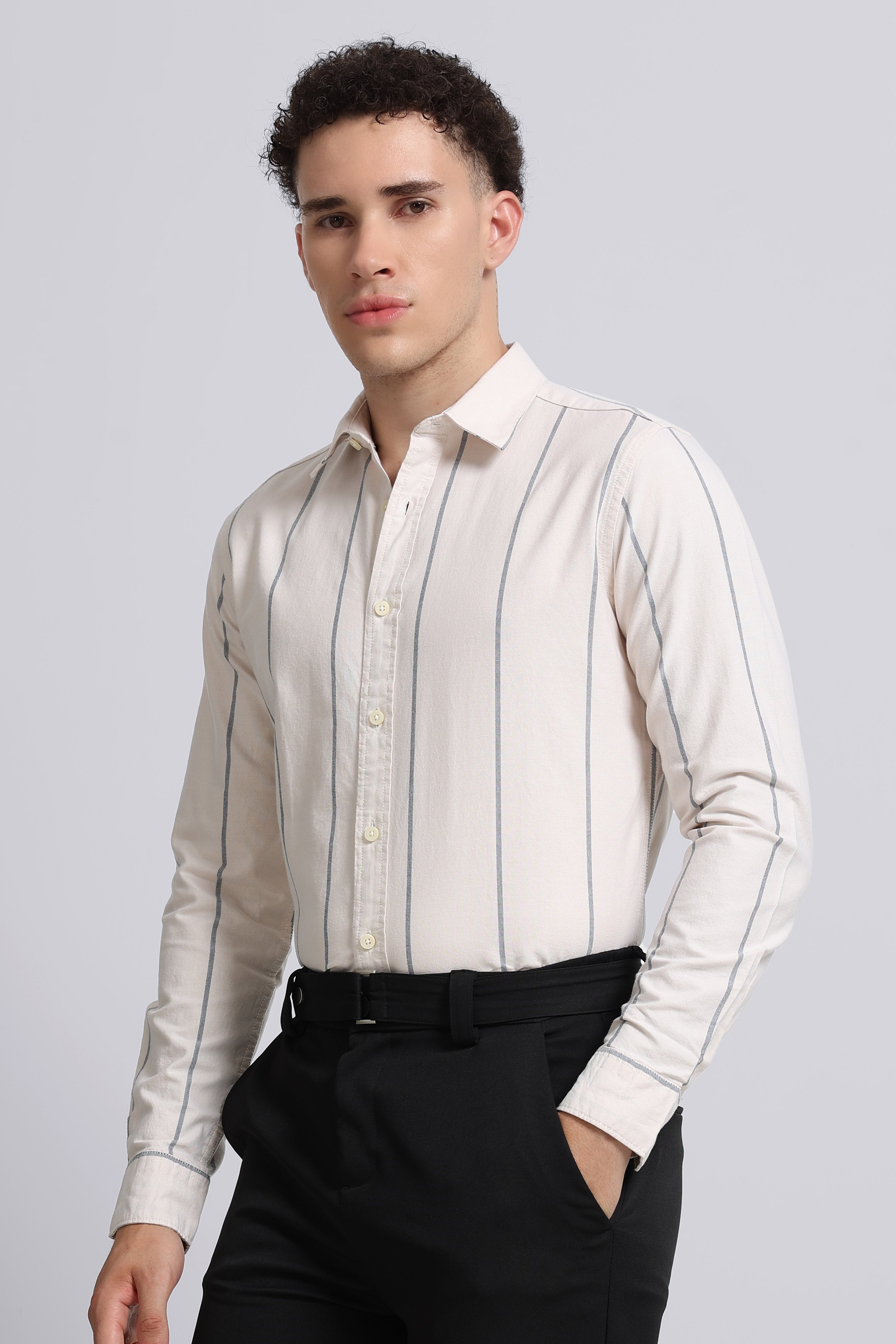 Men Cream Classic Striped Cotton Shirt