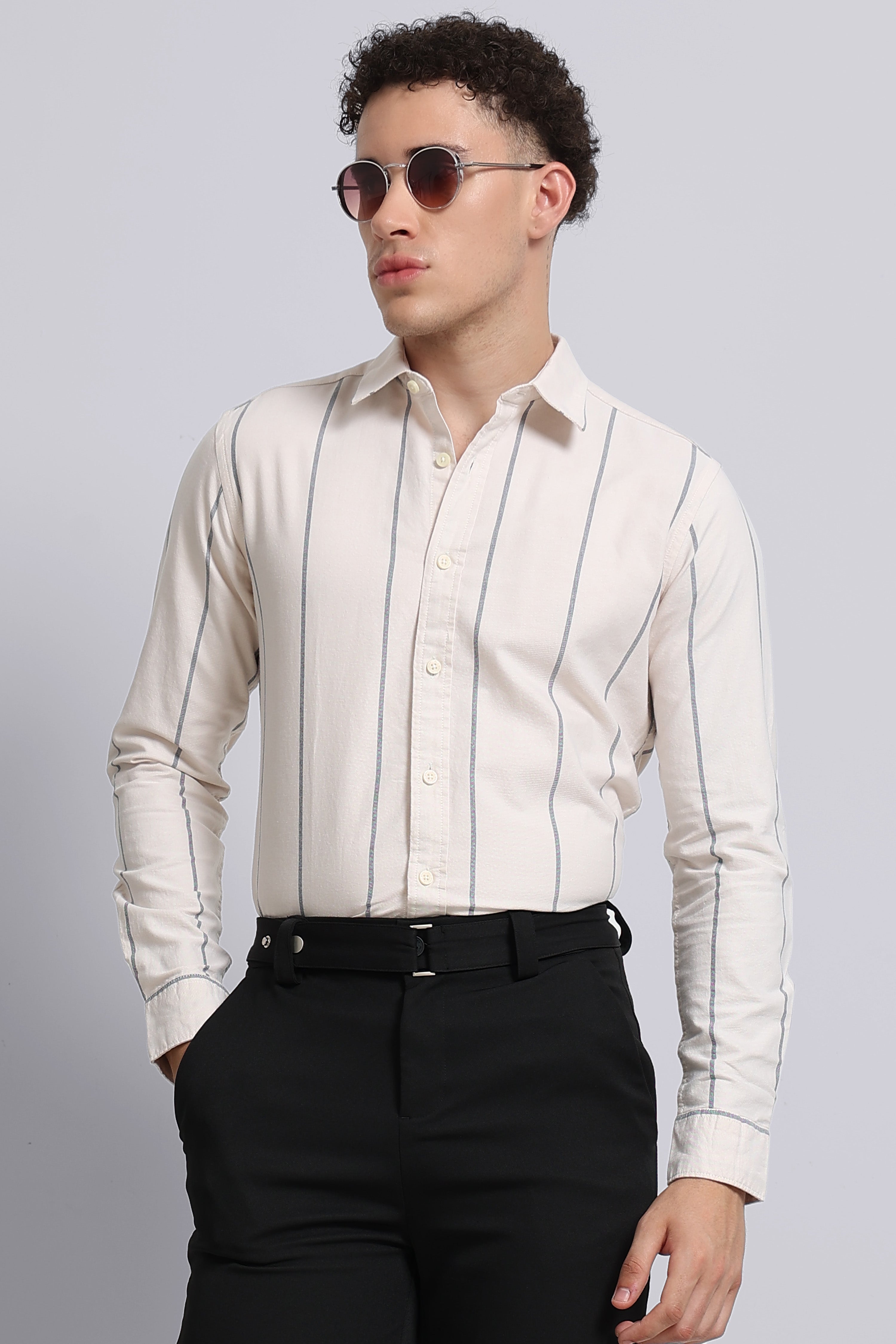 Men Cream Classic Striped Cotton Shirt