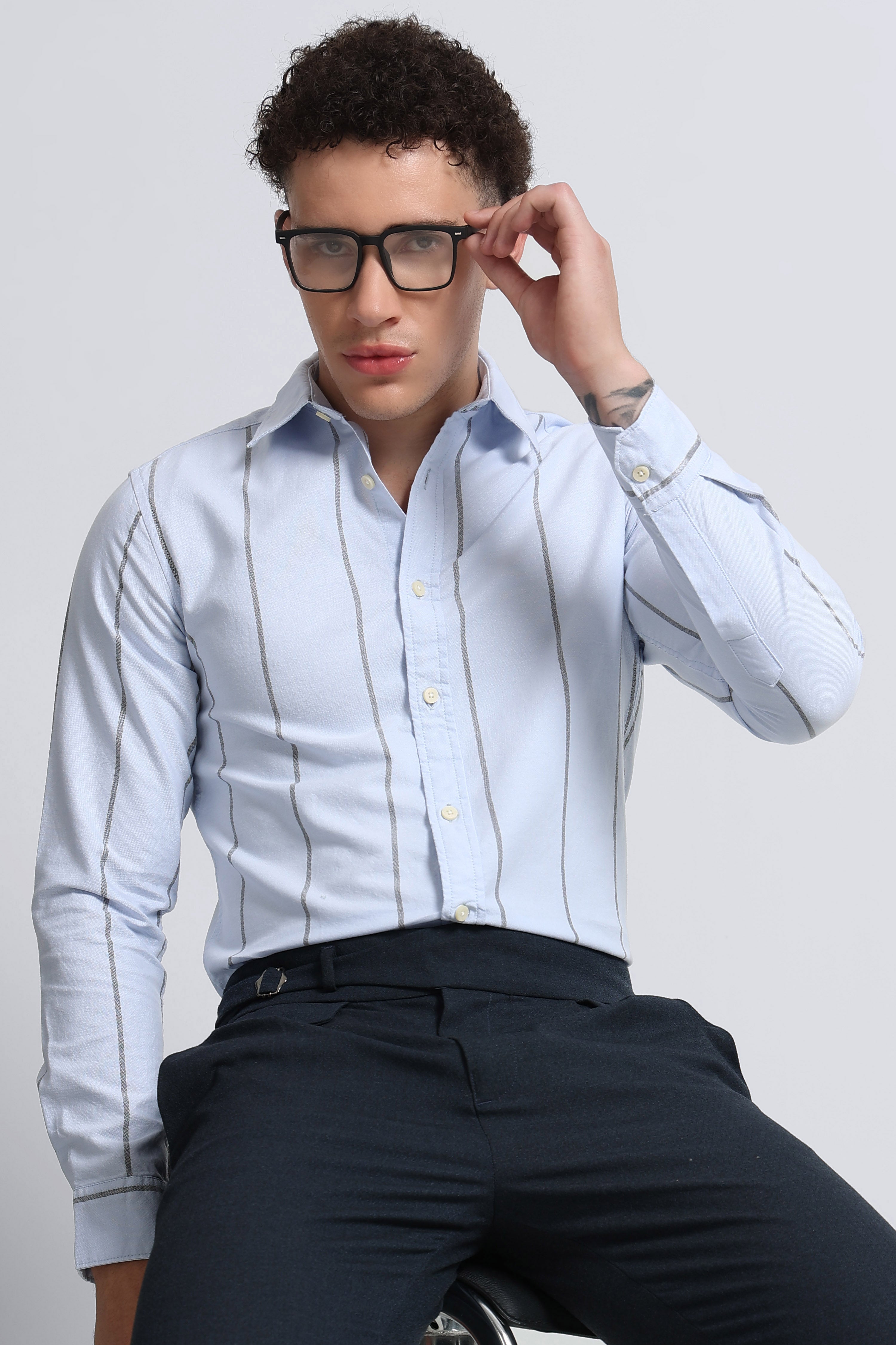 Men Blue Classic Striped Cotton Shirt