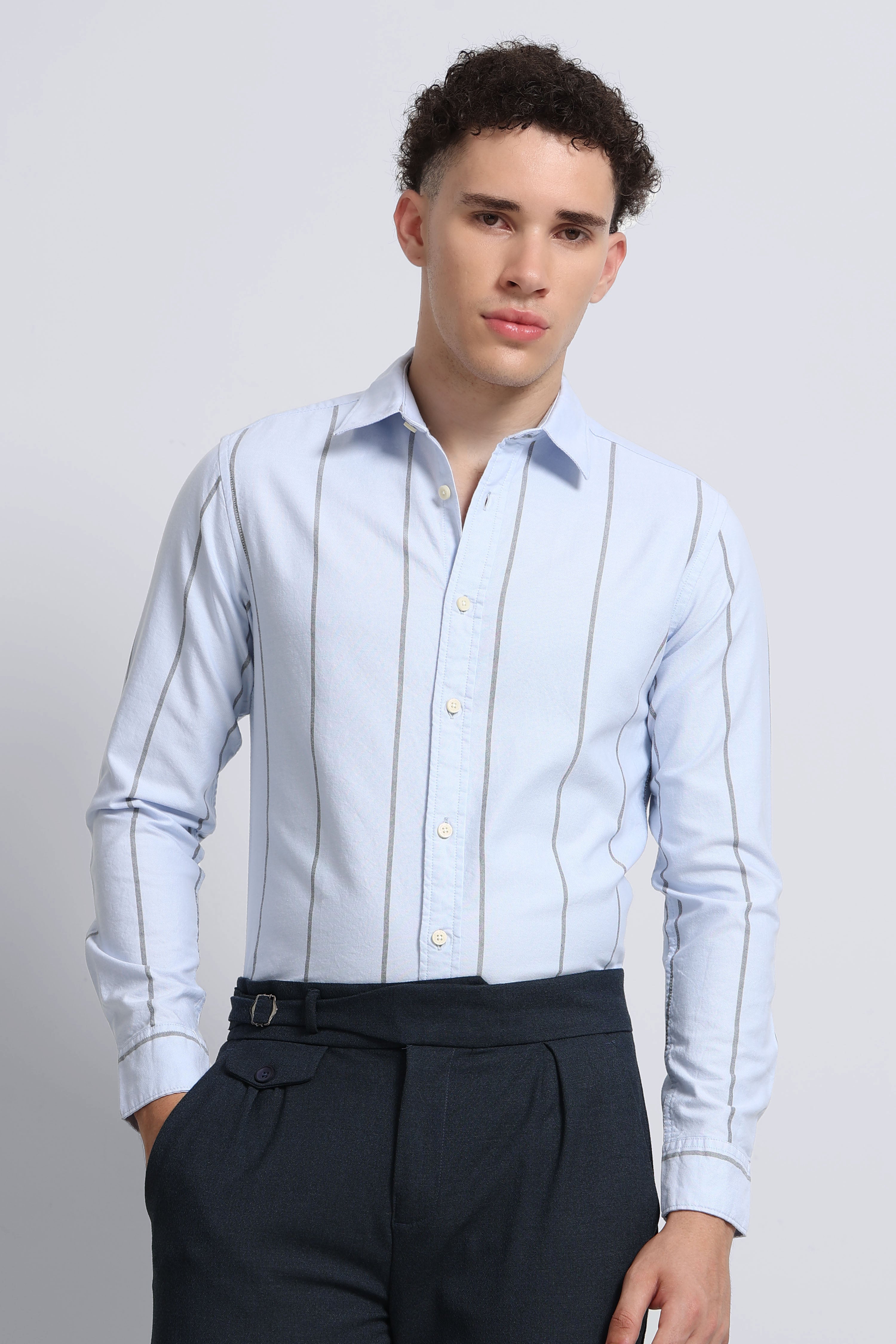Men Blue Classic Striped Cotton Shirt