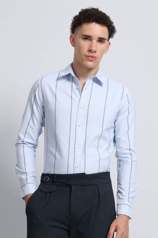 Men Blue Classic Striped Cotton Shirt