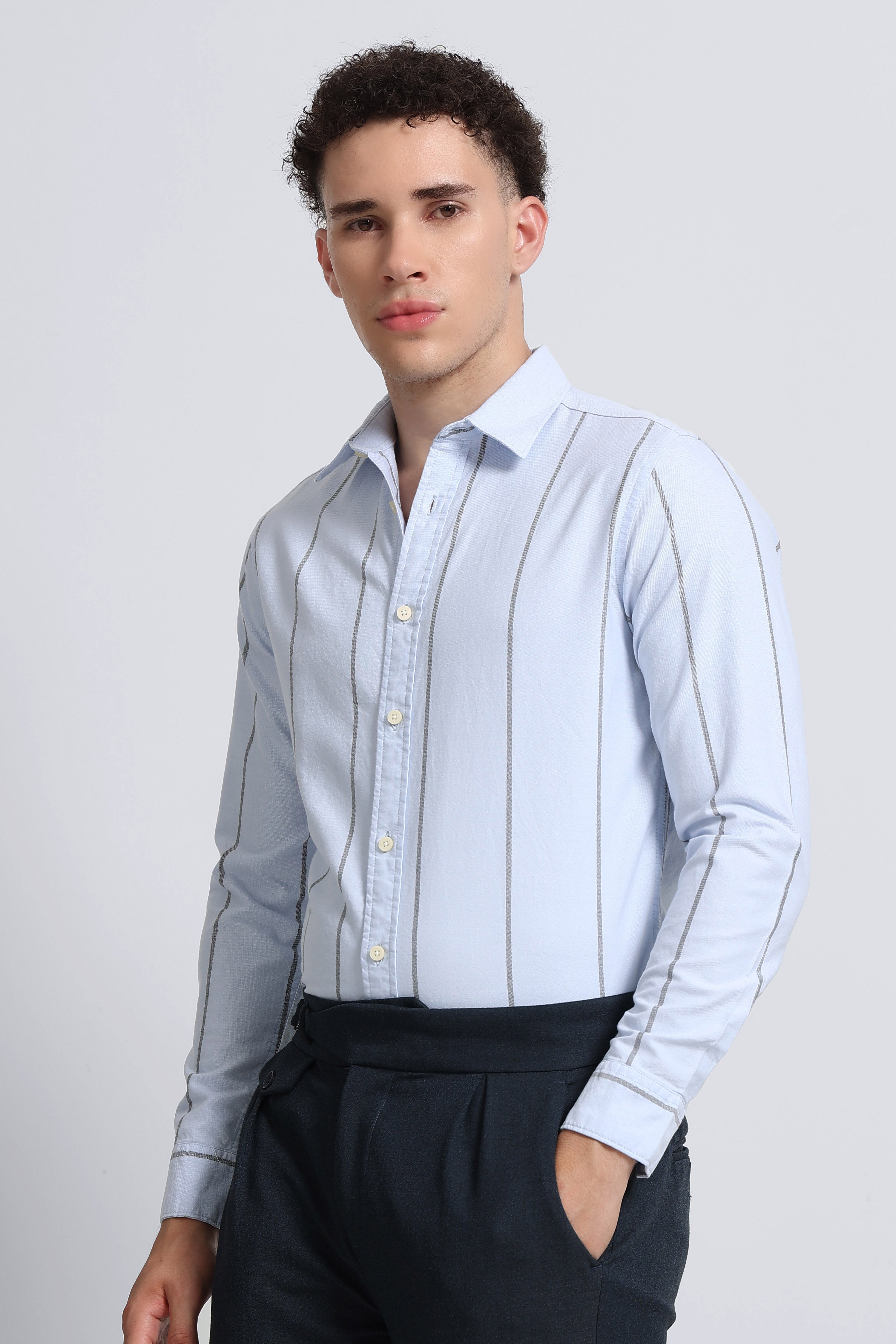Men Blue Classic Striped Cotton Shirt