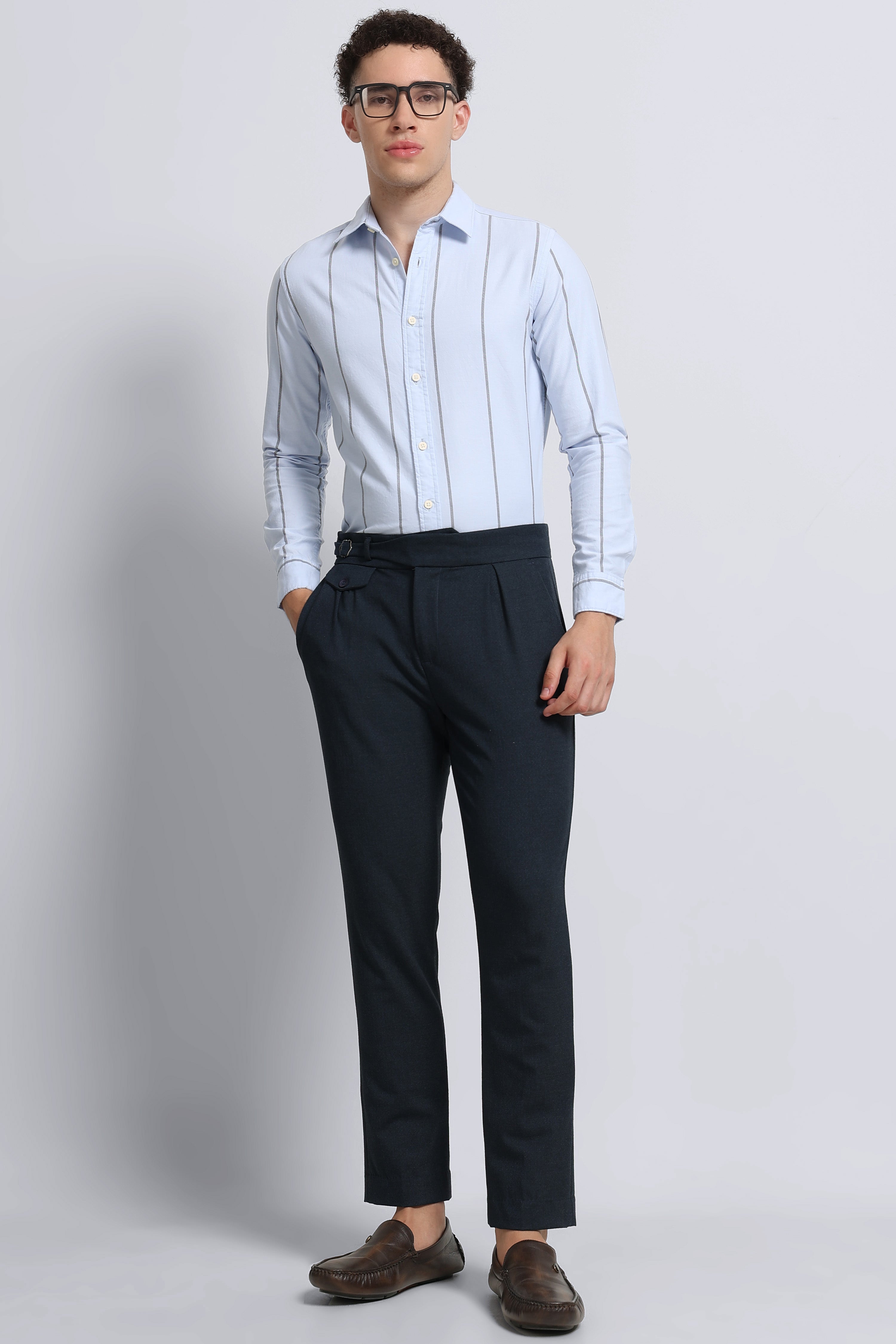 Men Blue Classic Striped Cotton Shirt