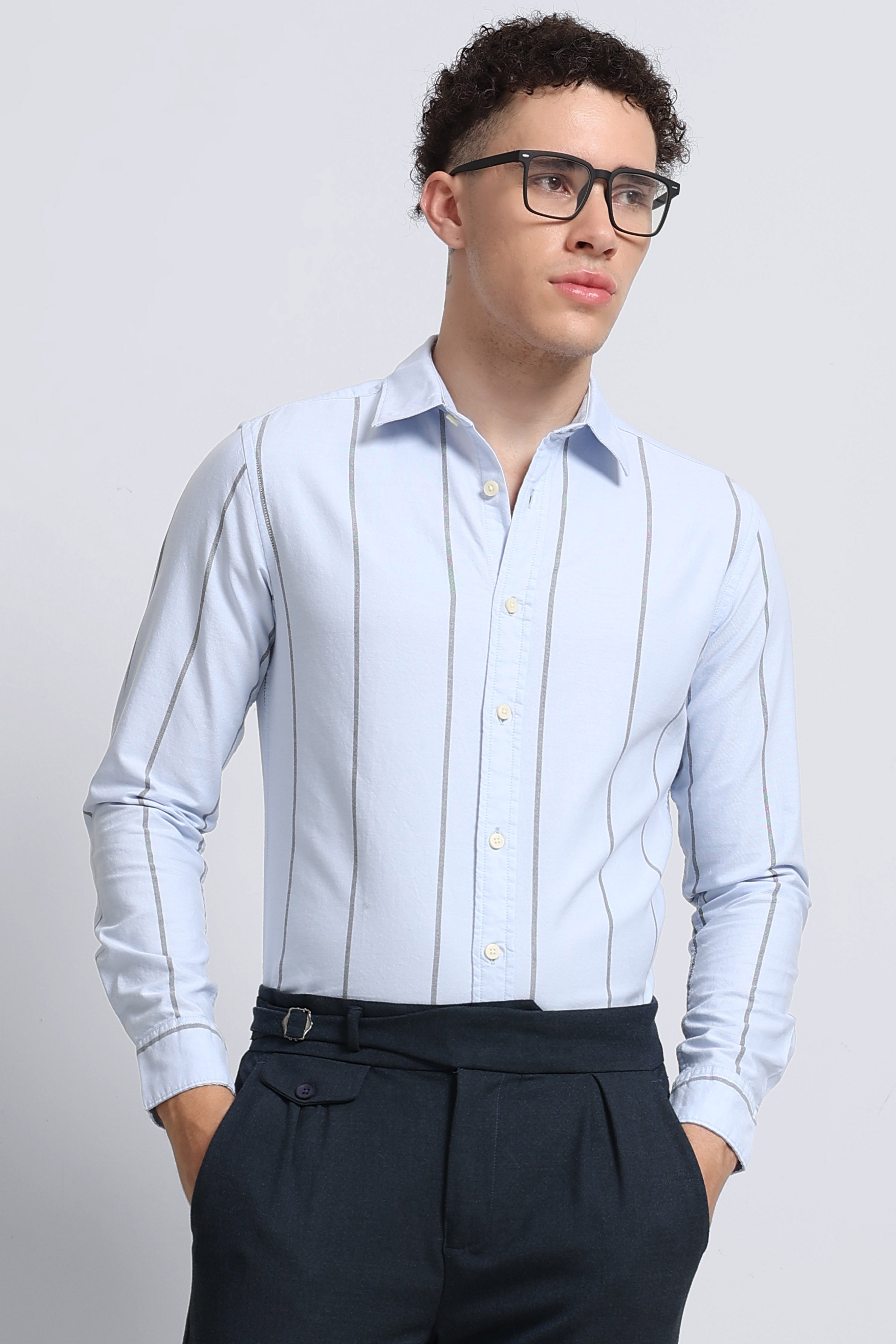 Men Blue Classic Striped Cotton Shirt