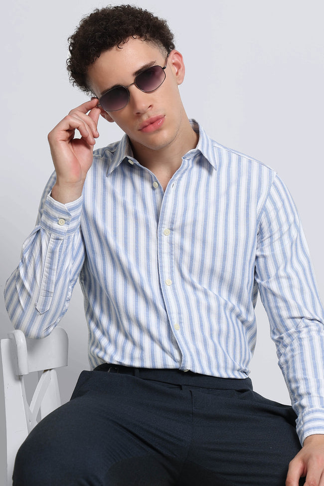 Men Blue Classic Striped Cotton Shirt