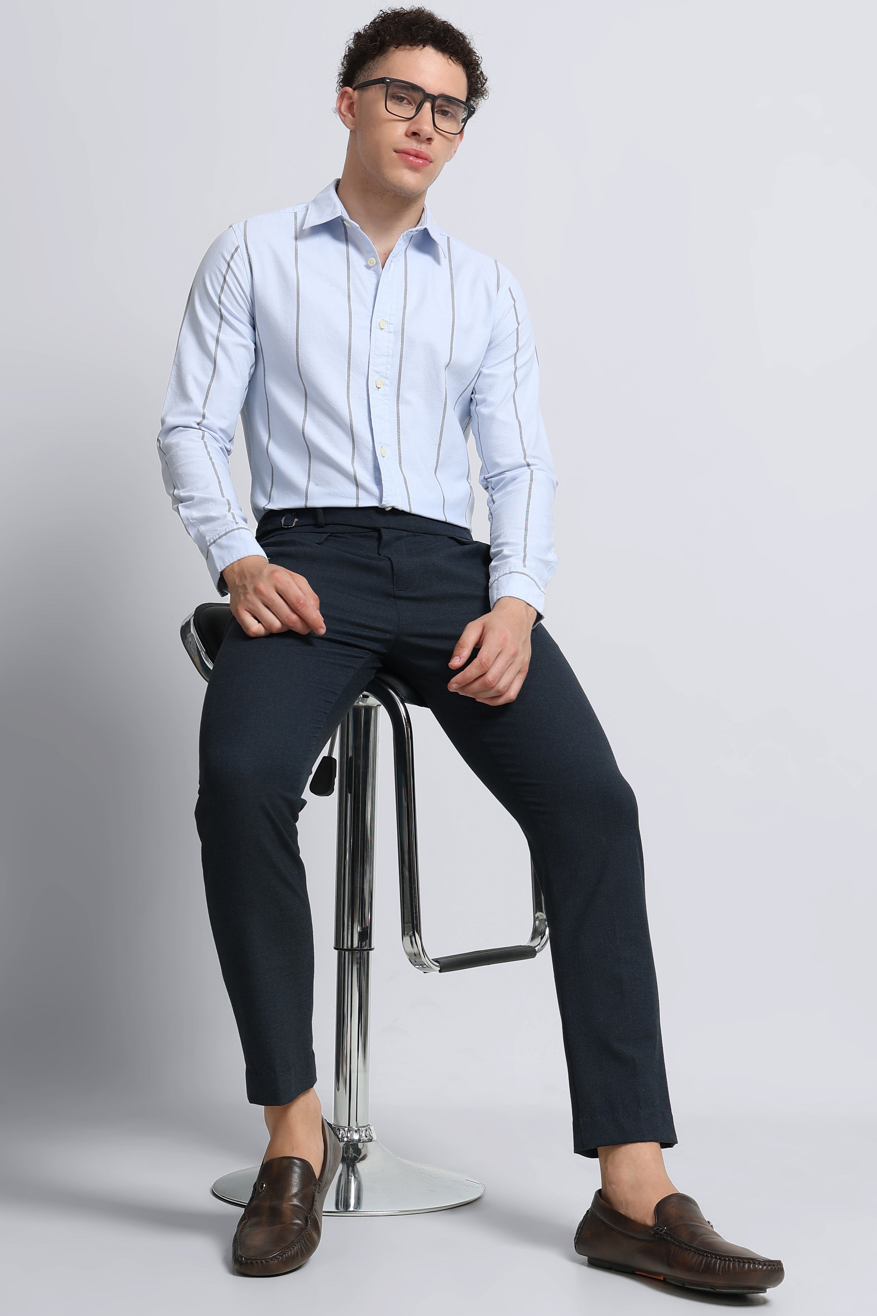 Men Blue Classic Striped Cotton Shirt