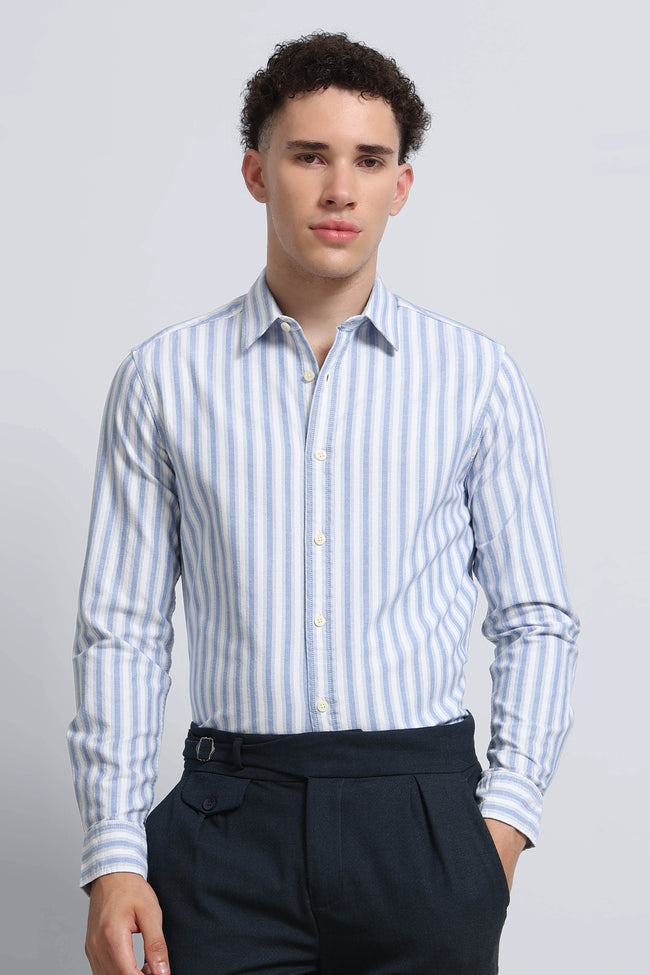 Men Blue Classic Striped Cotton Shirt