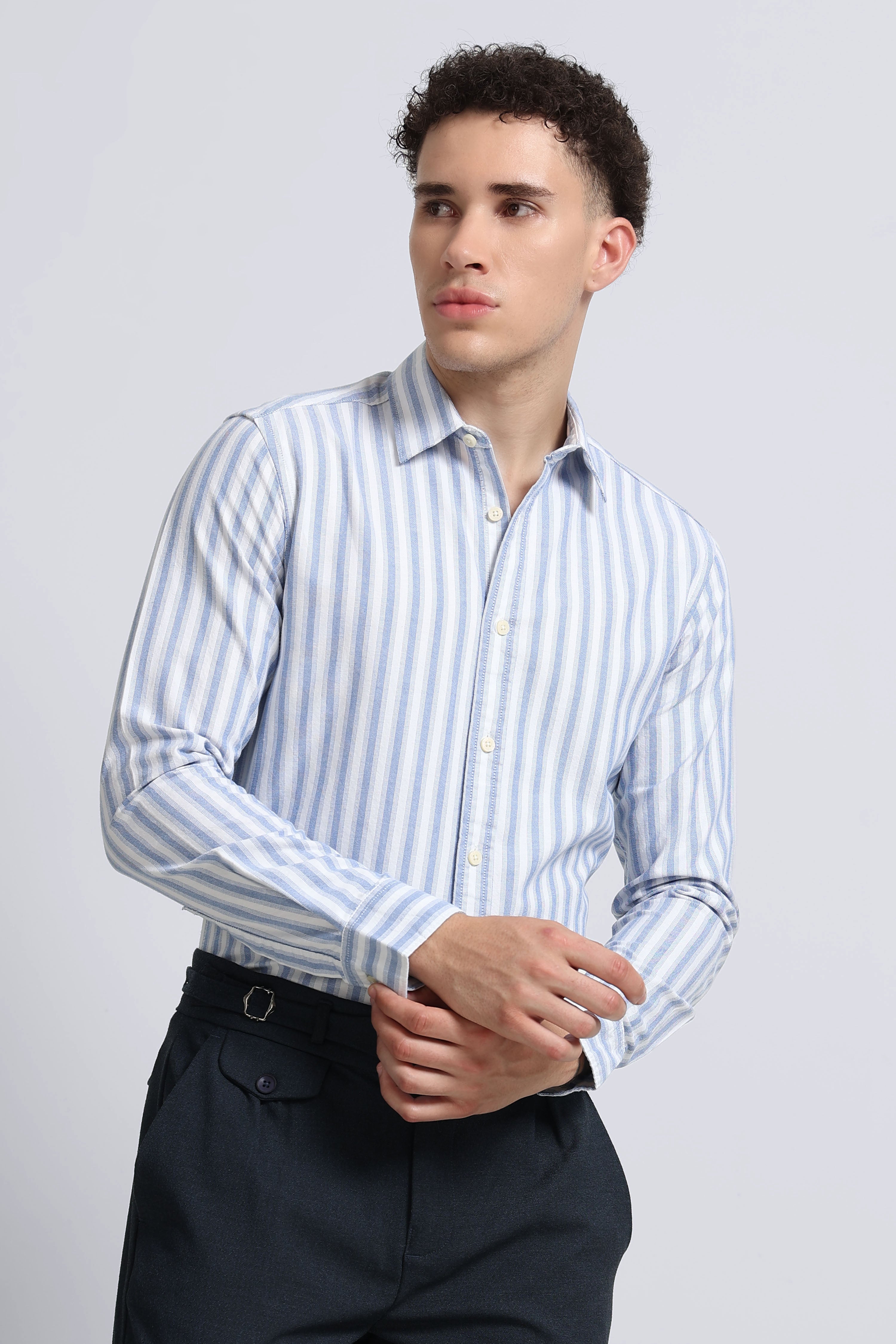 Men Blue Classic Striped Cotton Shirt