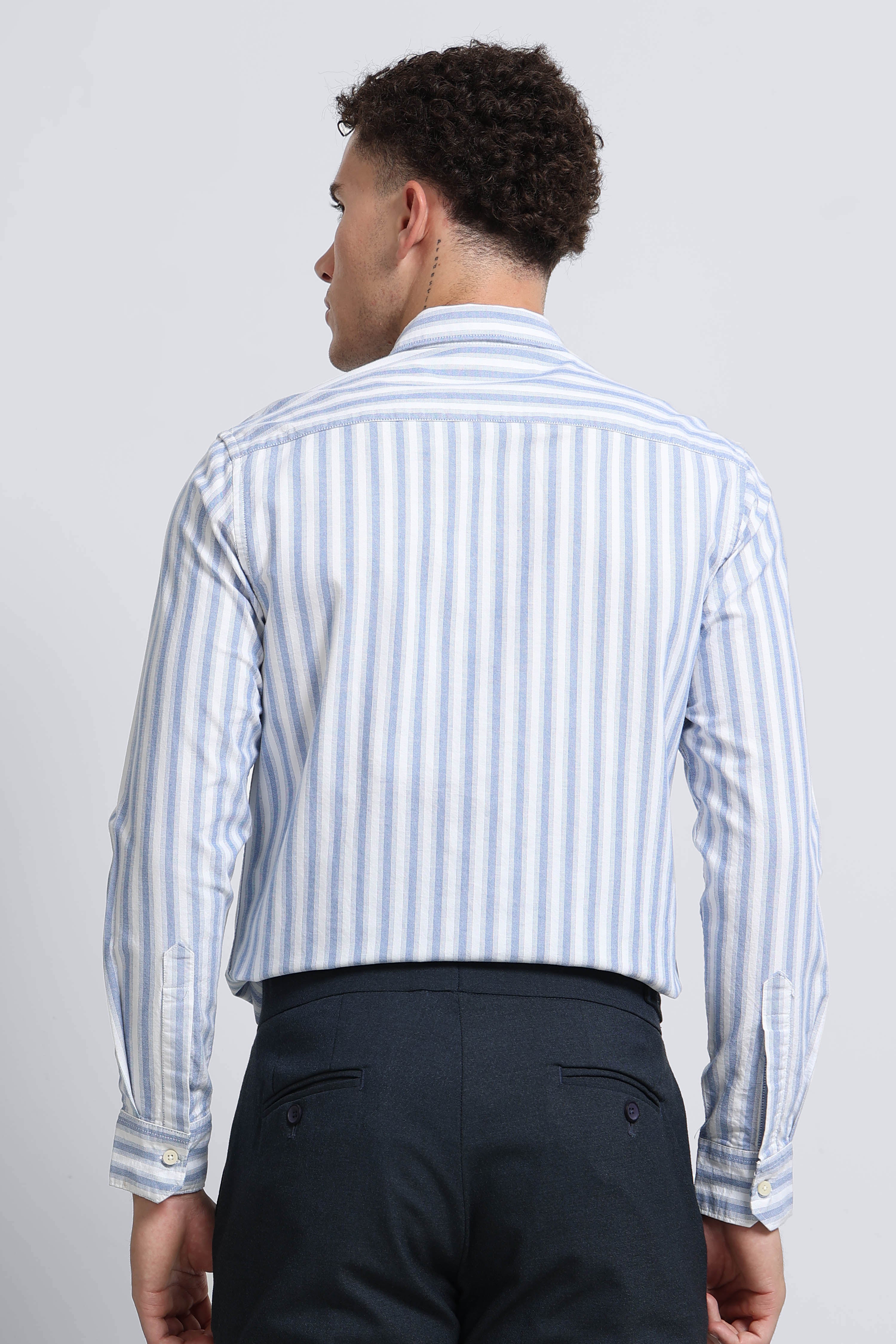 Men Blue Classic Striped Cotton Shirt