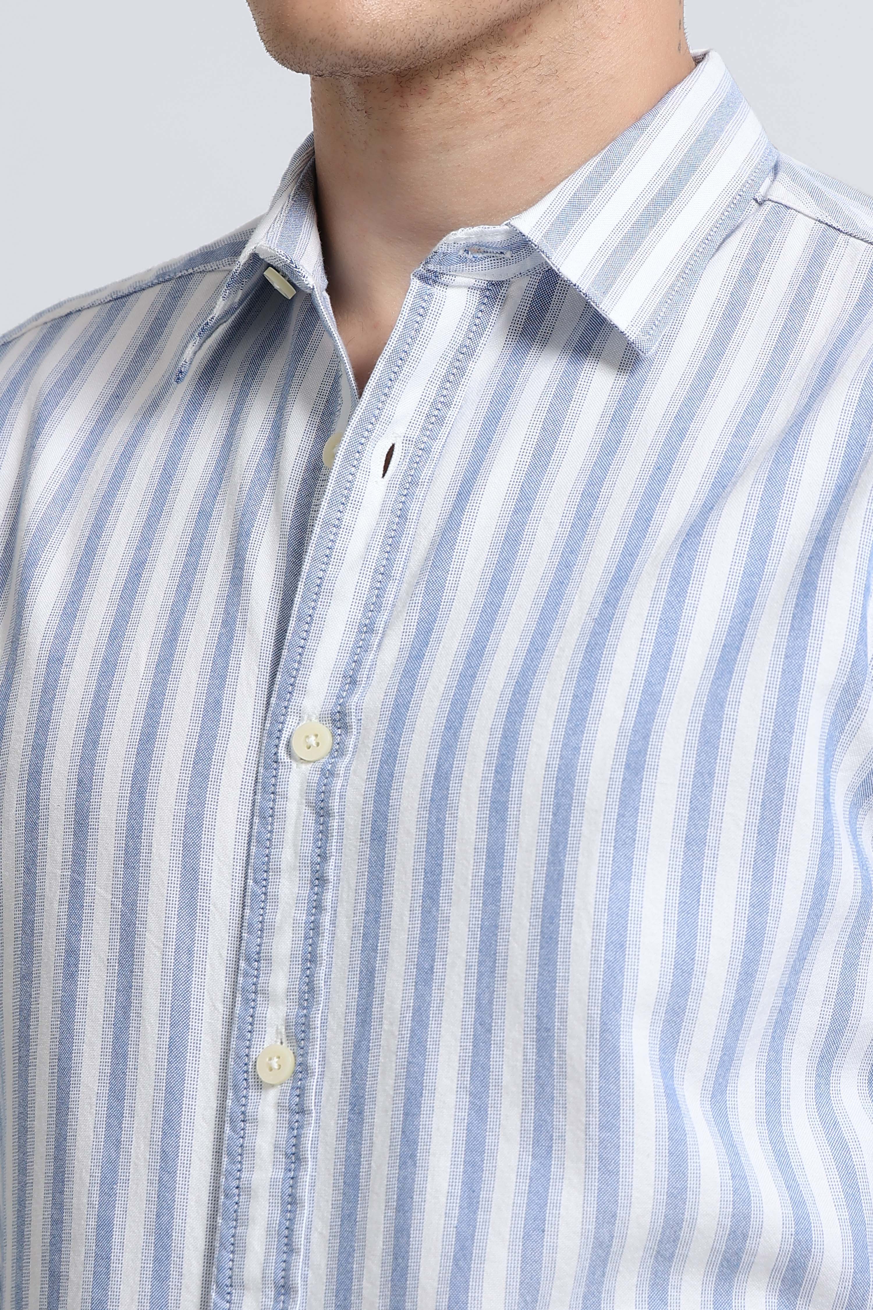 Men Blue Classic Striped Cotton Shirt