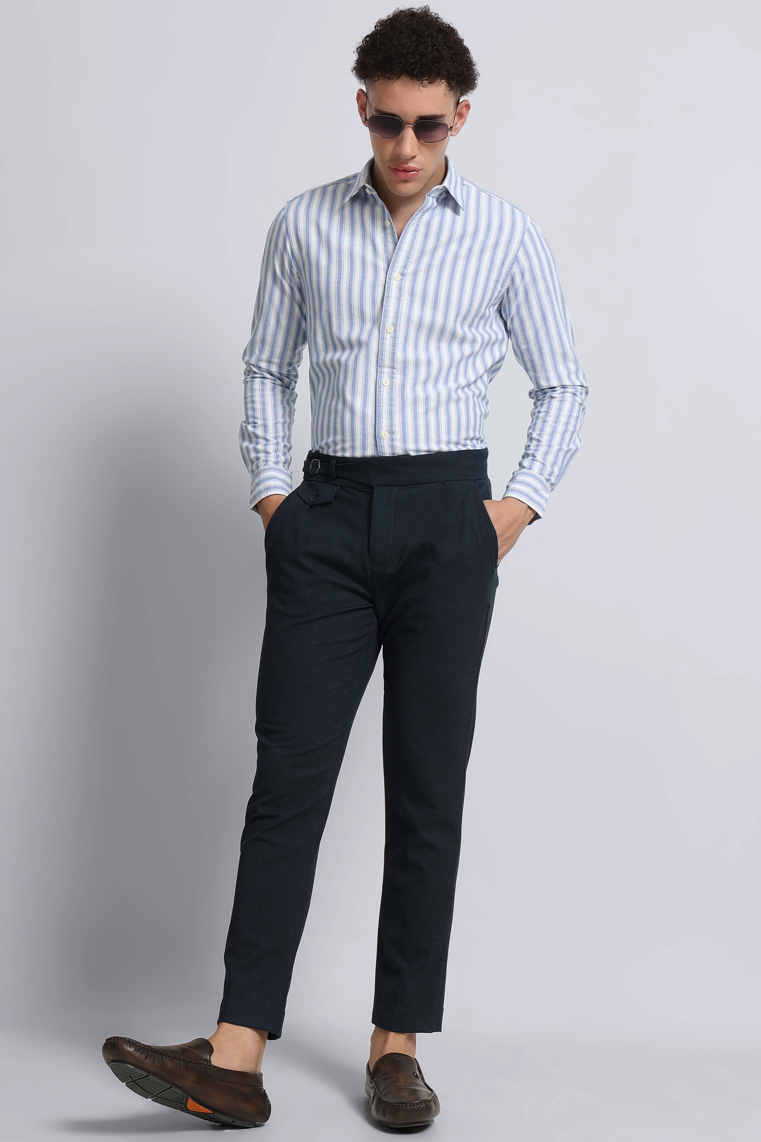 Men Blue Classic Striped Cotton Shirt