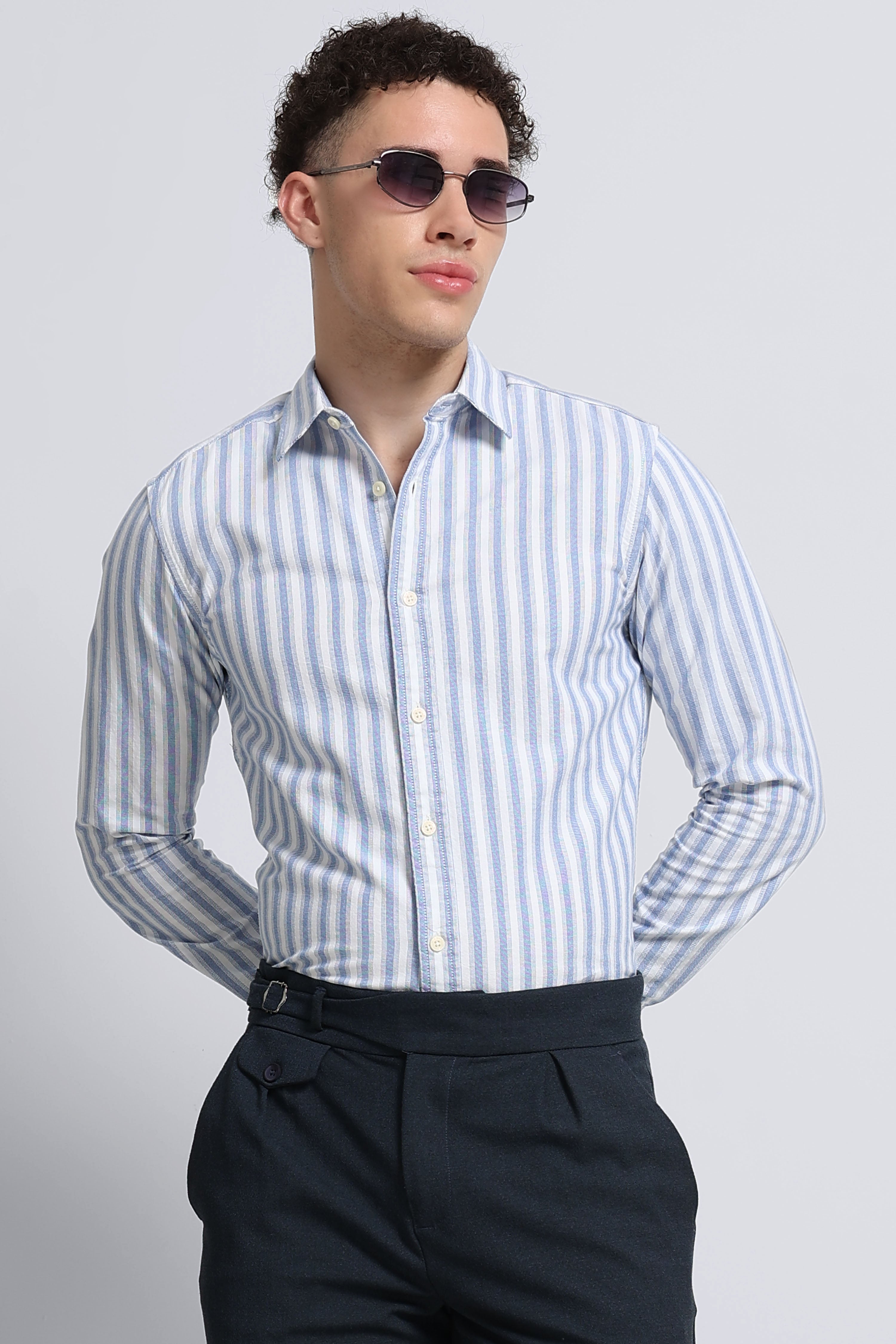 Men Blue Classic Striped Cotton Shirt