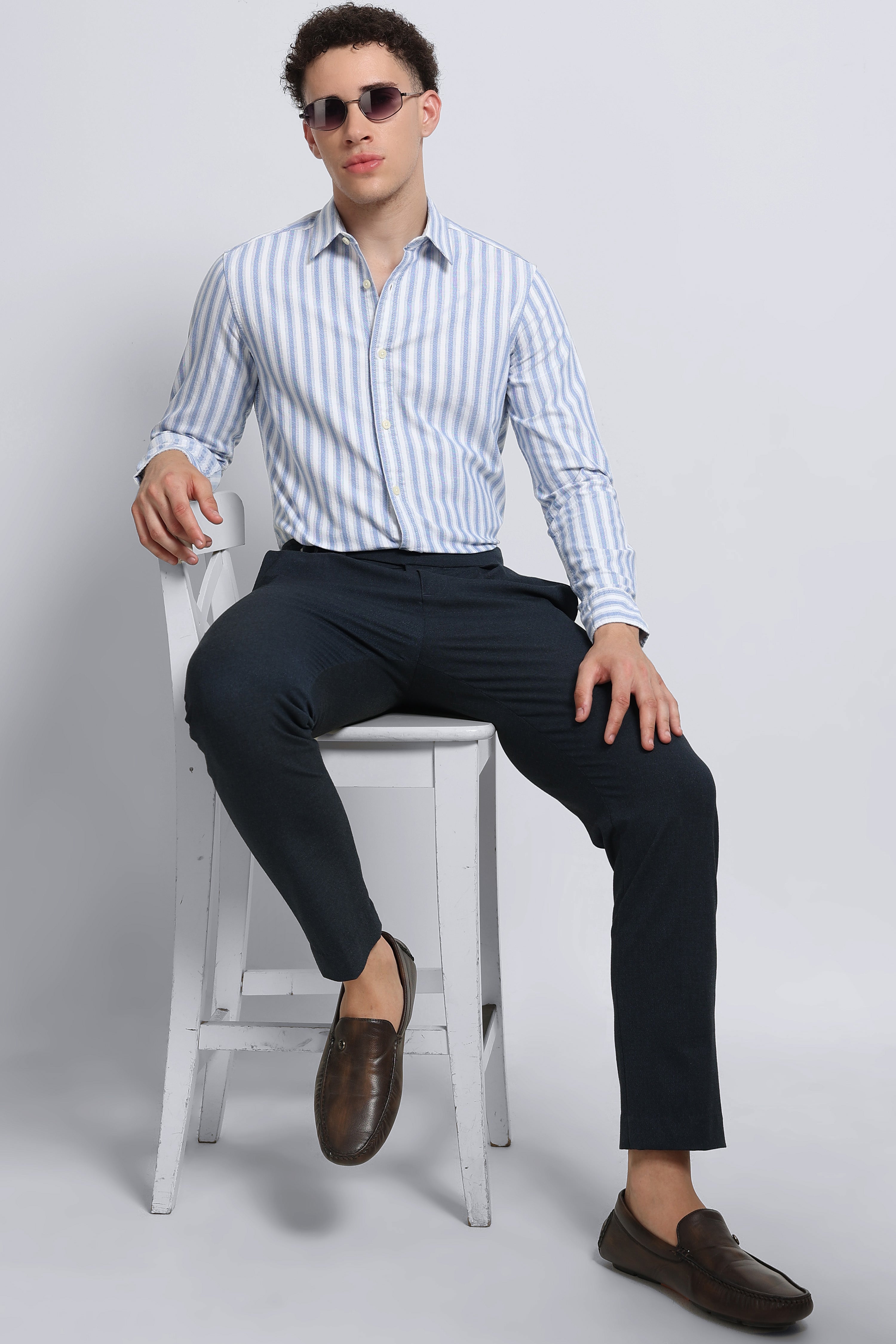 Men Blue Classic Striped Cotton Shirt