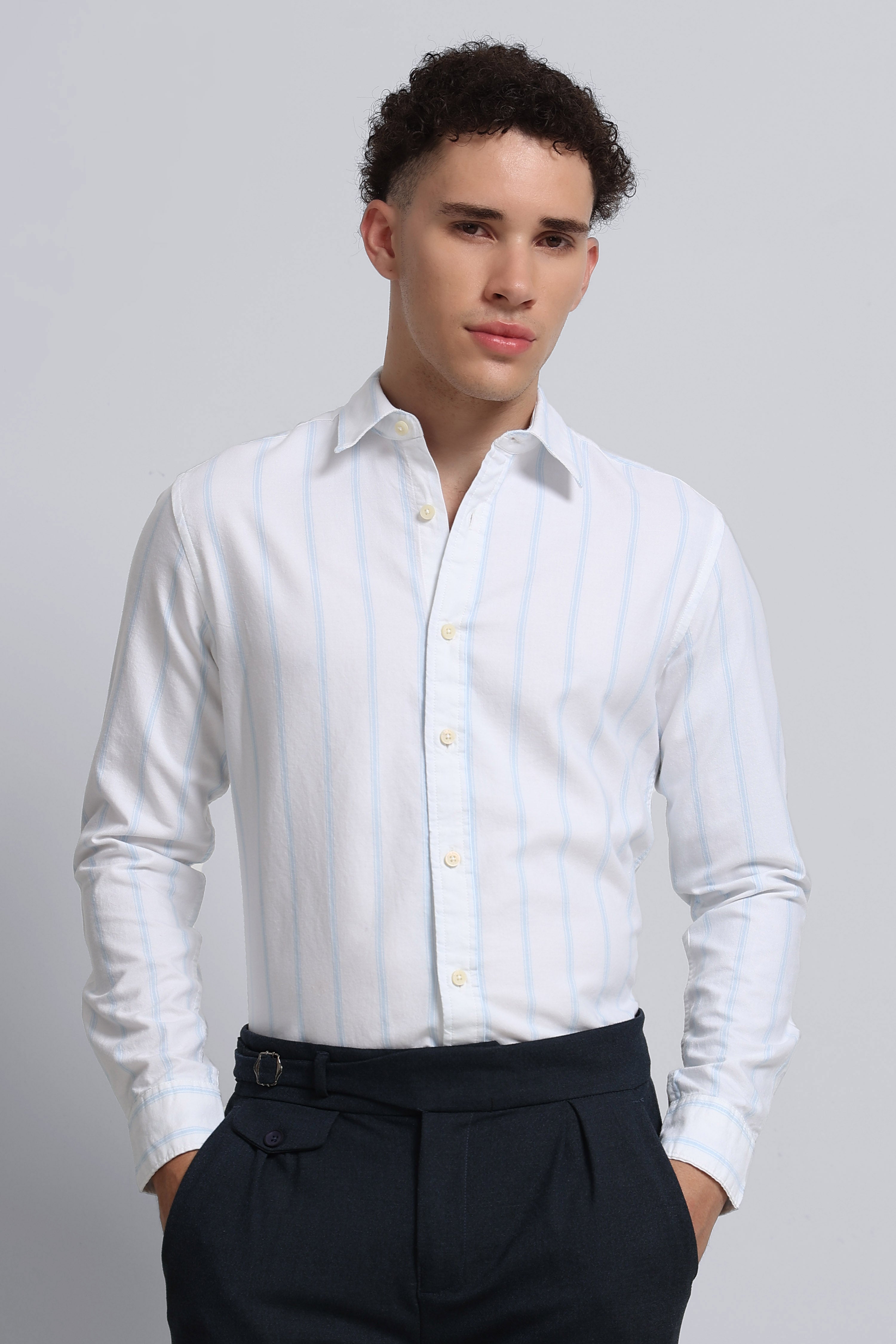 Men White Classic Striped Cotton Shirt