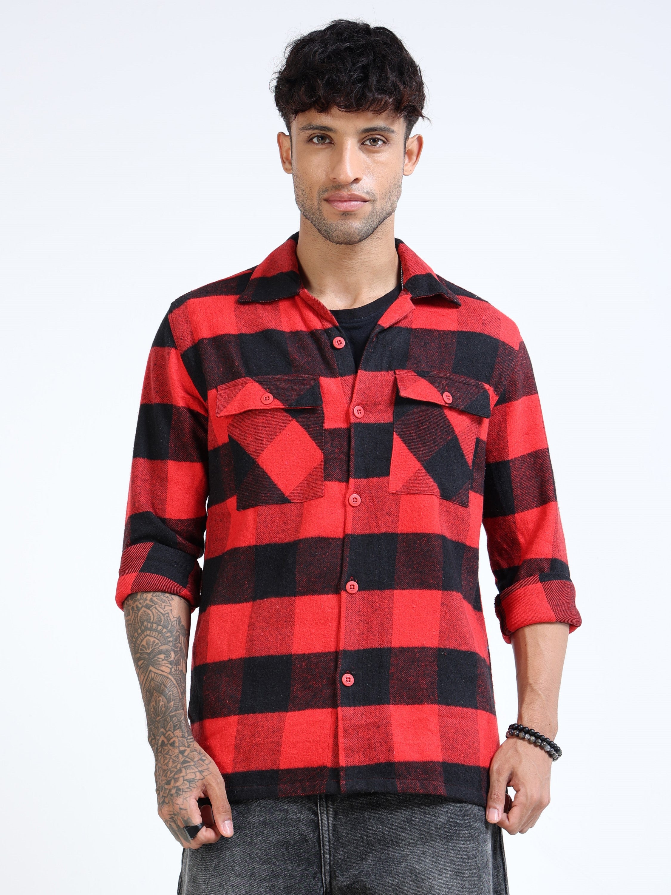 Men Twill Red Checked Cotton Blend Overshirt