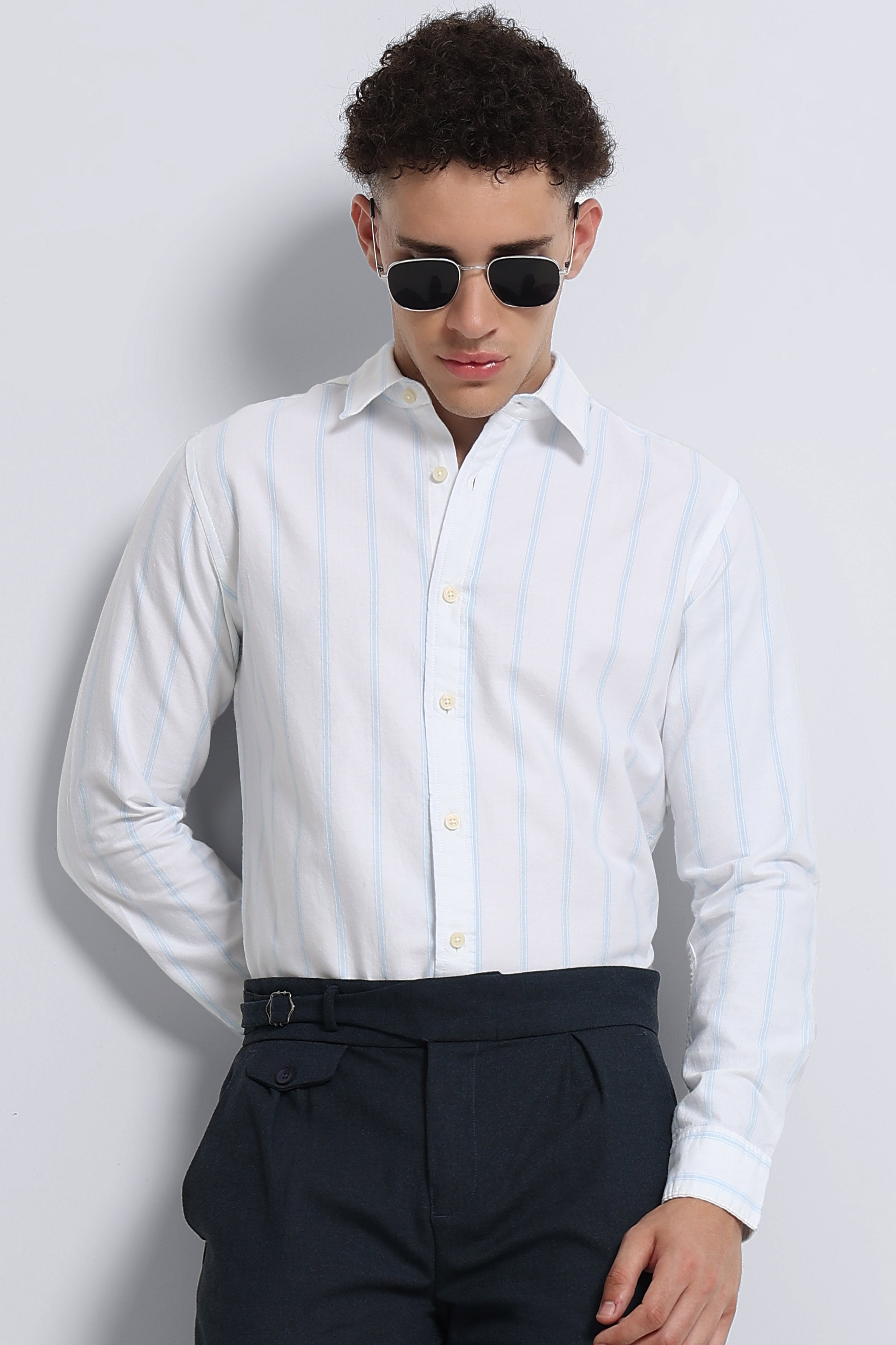 Men White Classic Striped Cotton Shirt