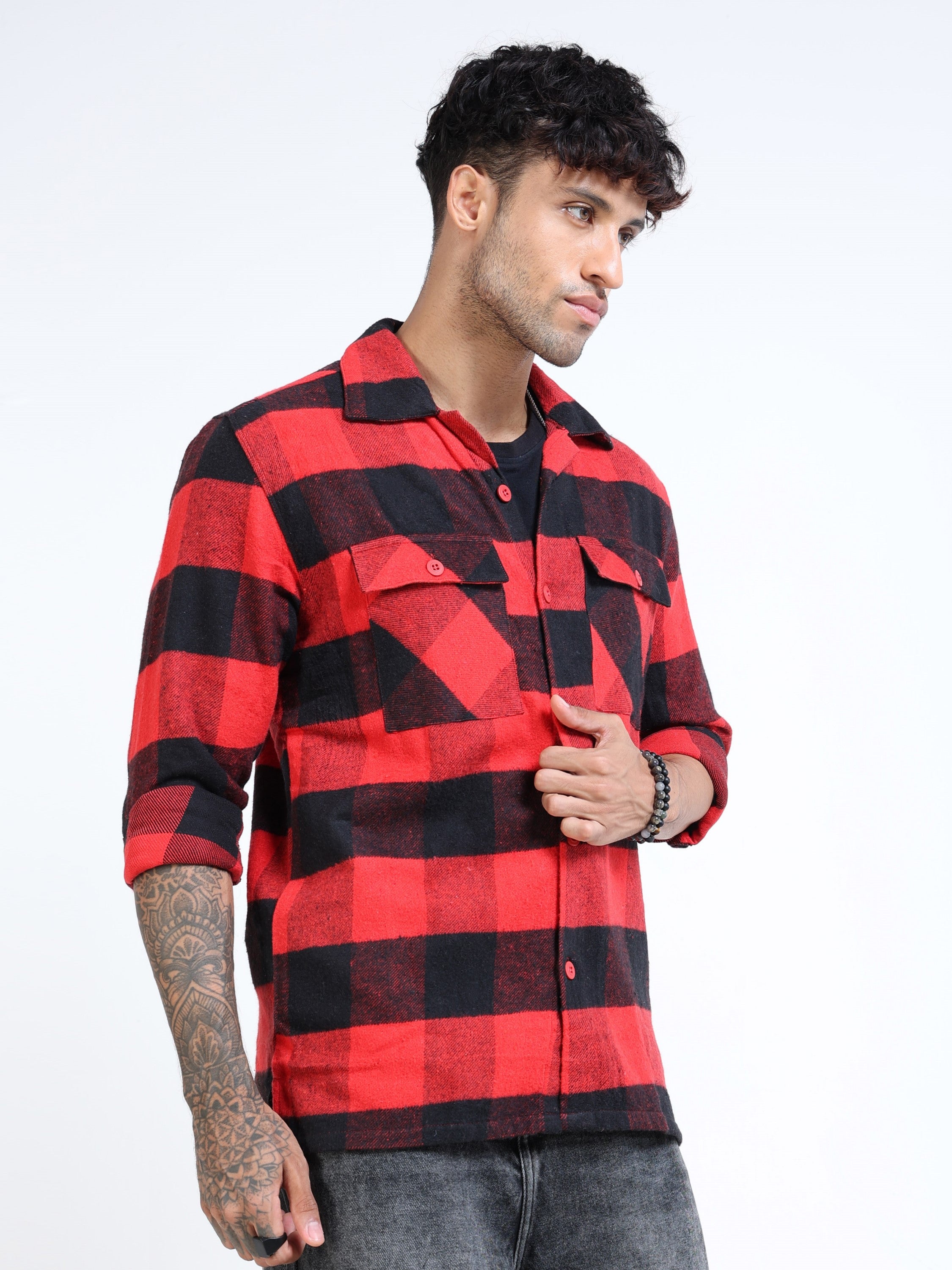 Men Twill Red Checked Cotton Blend Overshirt