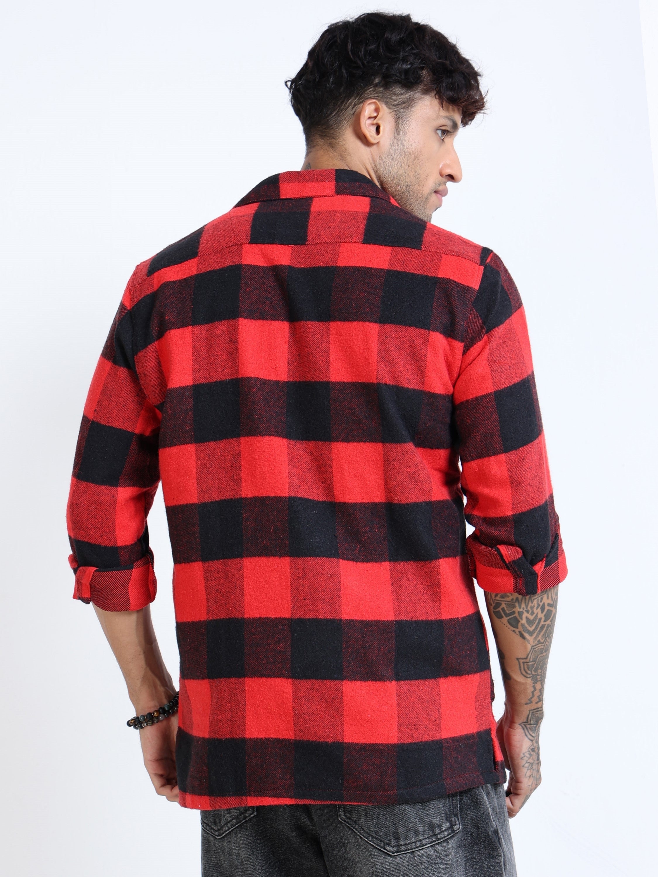 Men Twill Red Checked Cotton Blend Overshirt