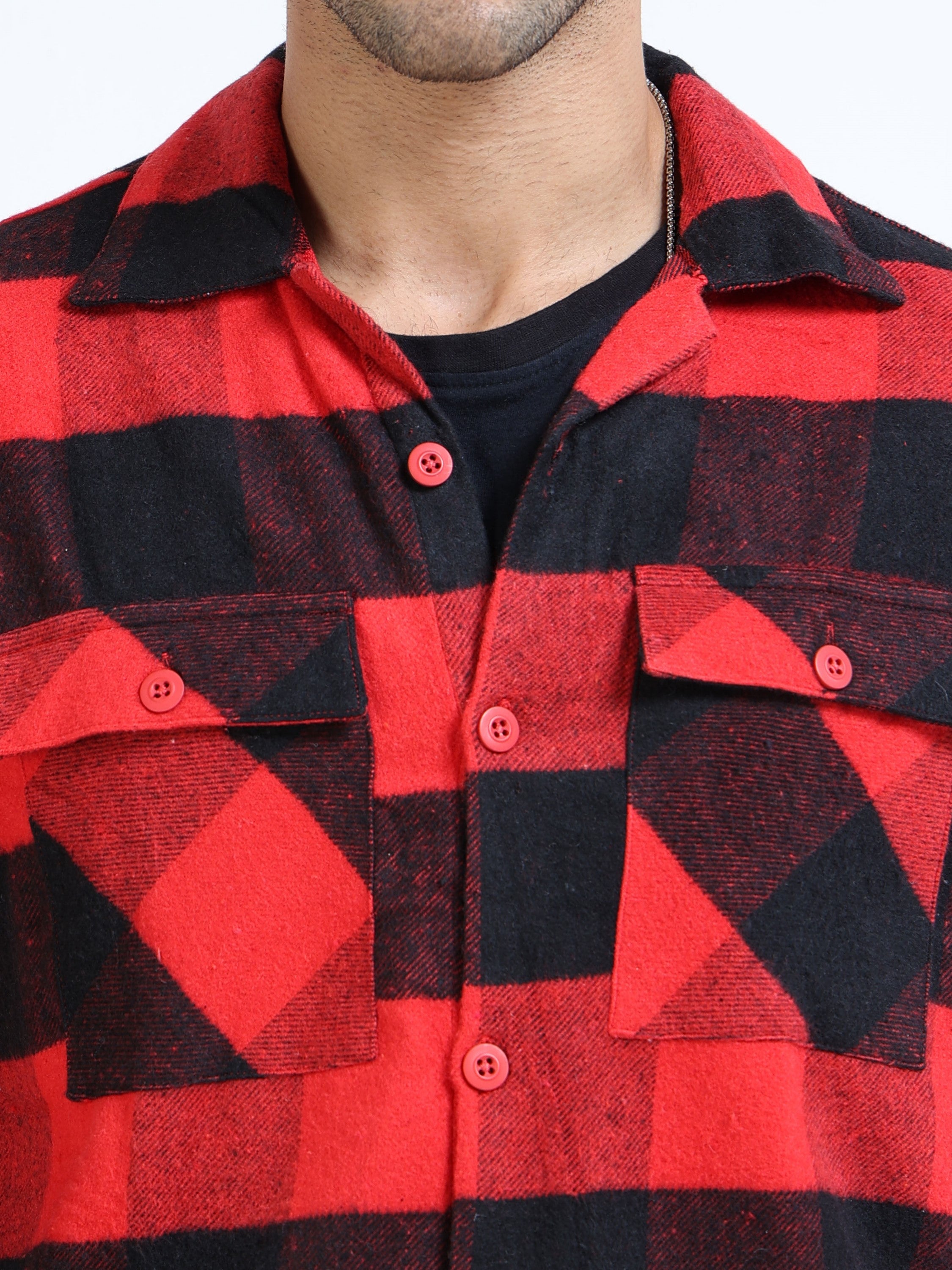 Men Twill Red Checked Cotton Blend Overshirt