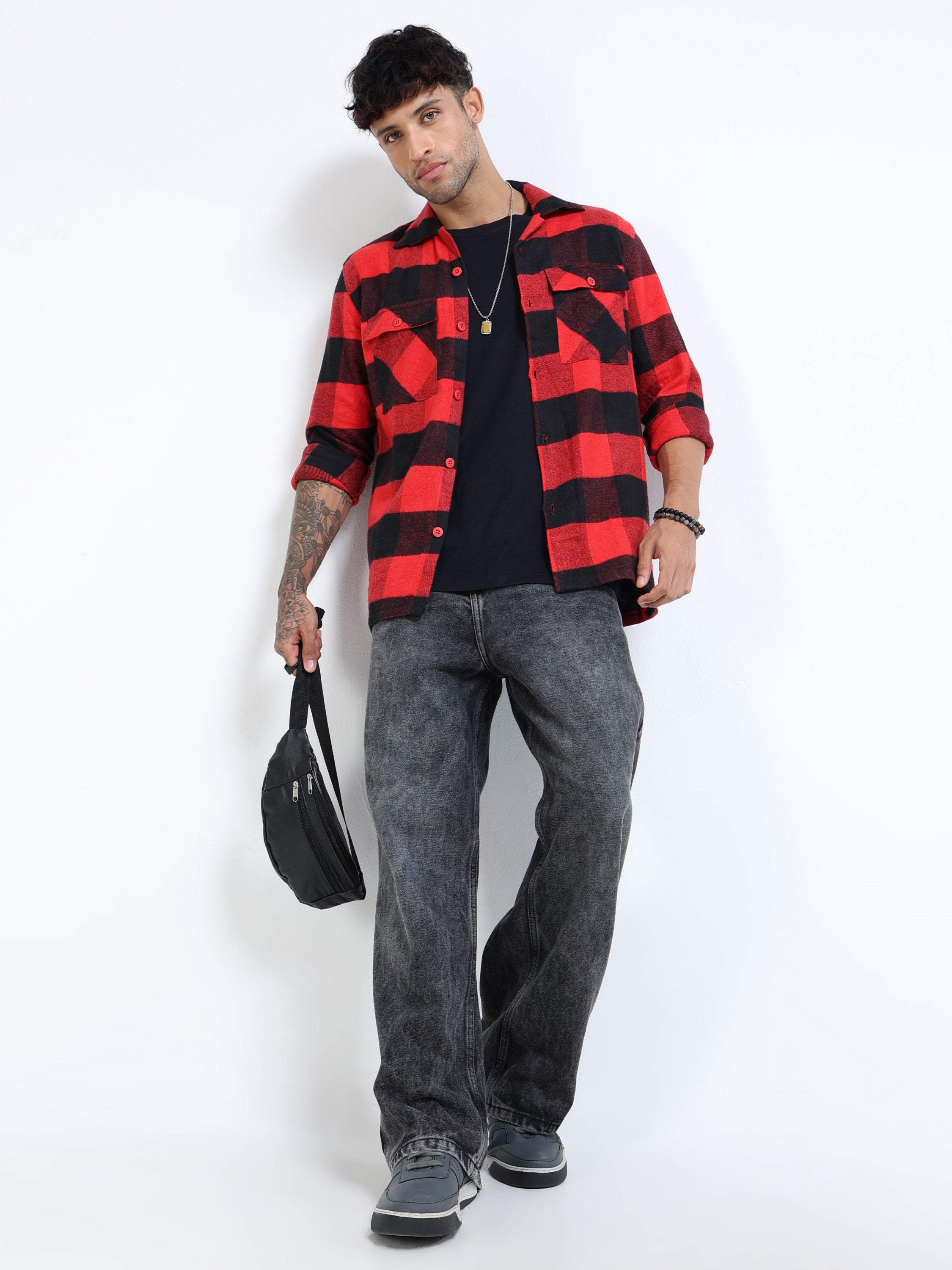 Men Twill Red Checked Cotton Blend Overshirt