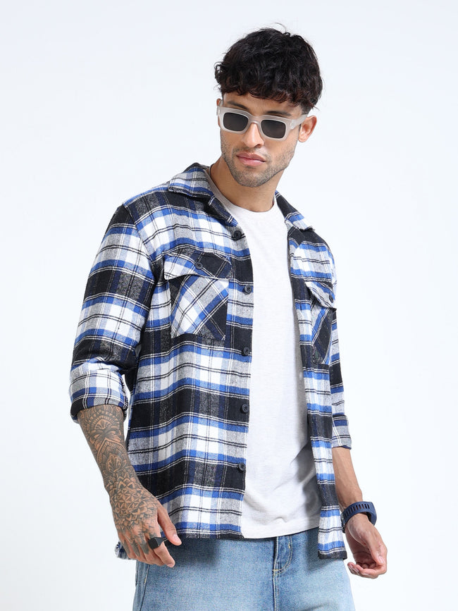 Men Twill Blue Checked Brushed Overshirt