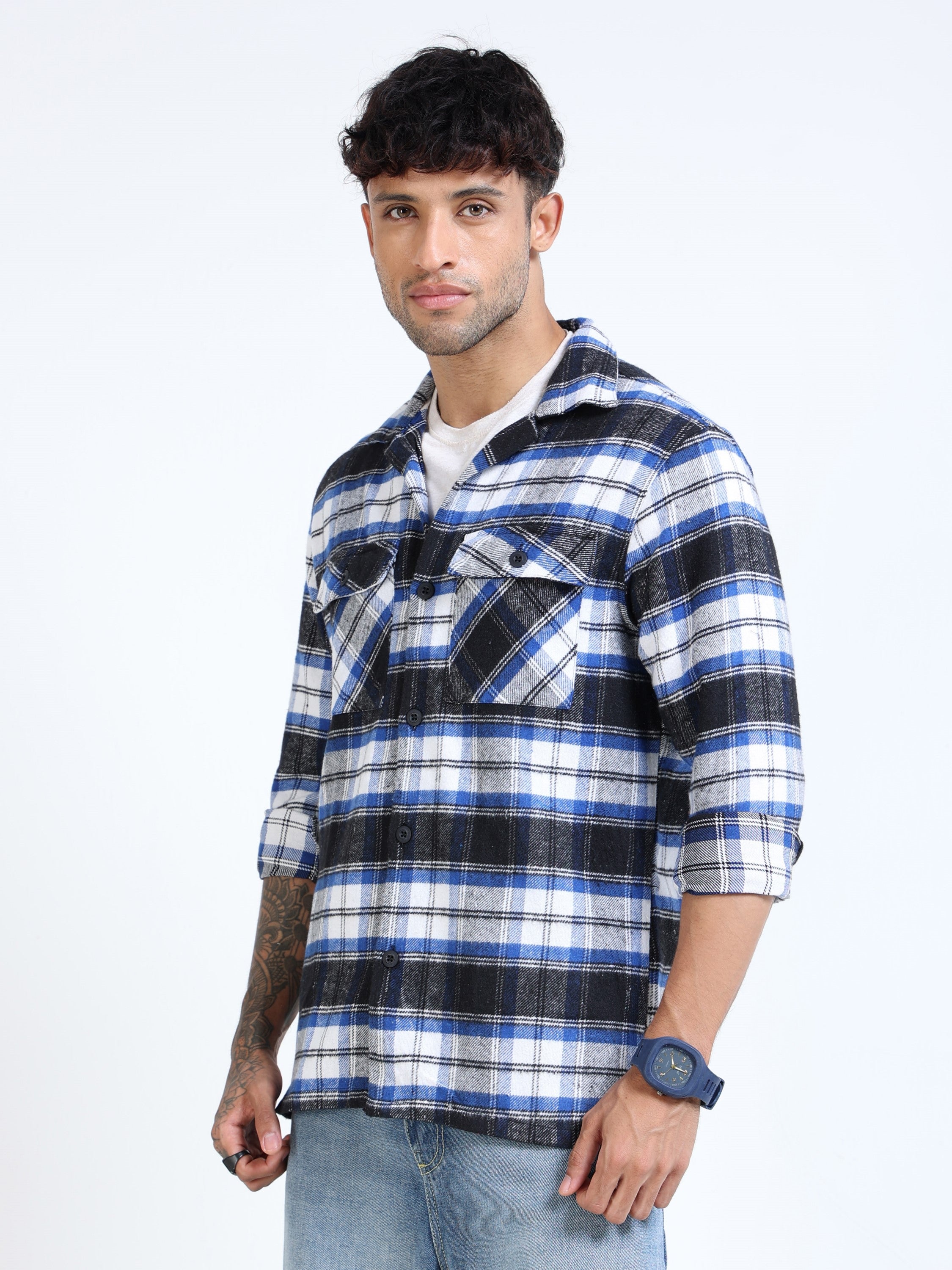 Men Twill Blue Checked Brushed Overshirt