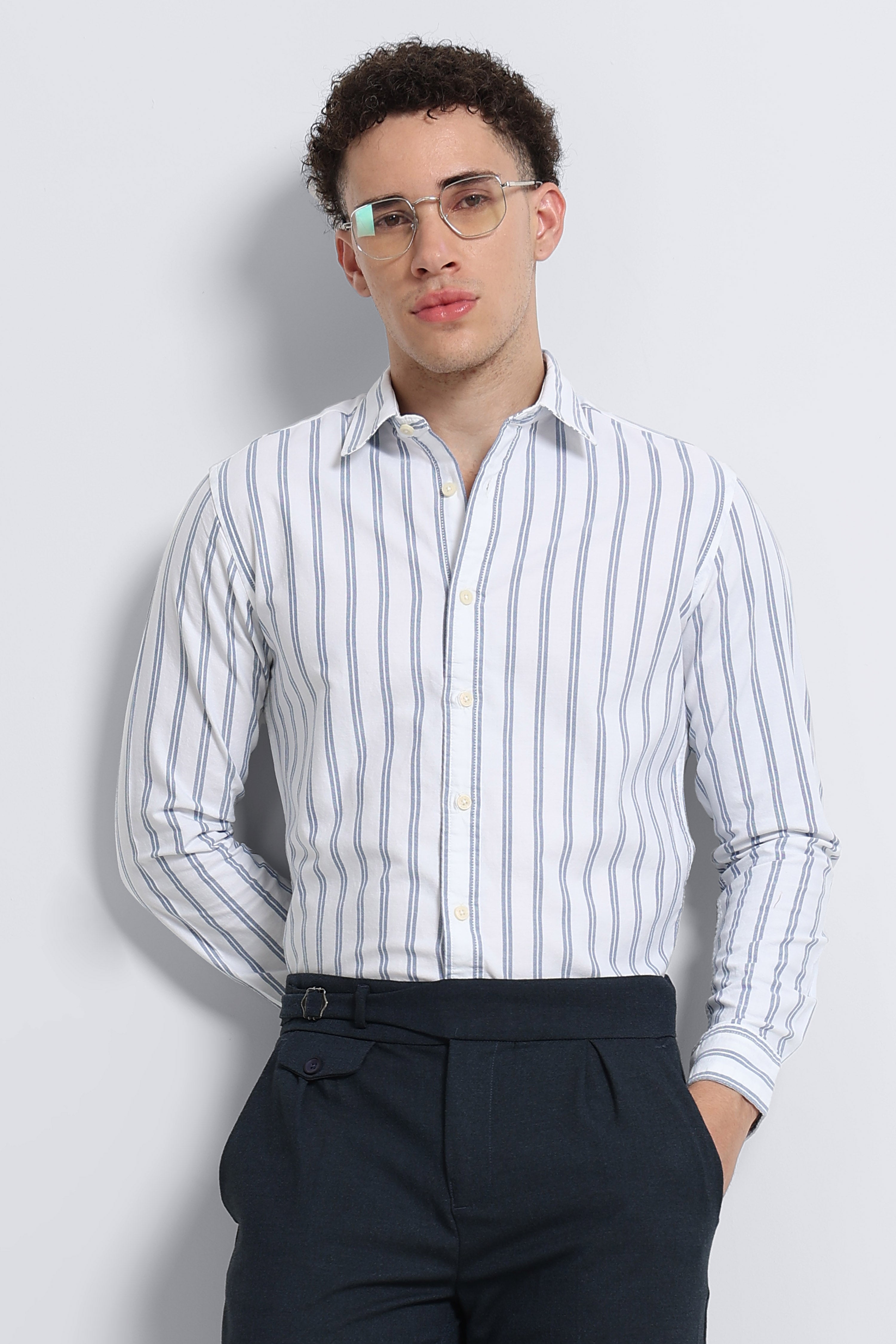 Men Blue Classic Striped Cotton Shirt