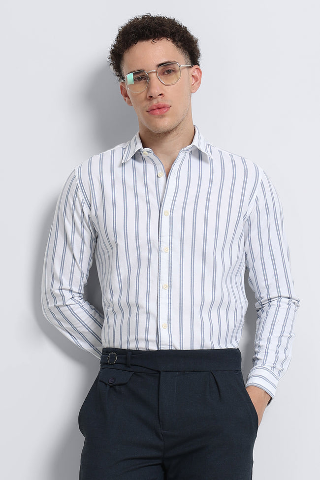 Men Blue Classic Striped Cotton Shirt