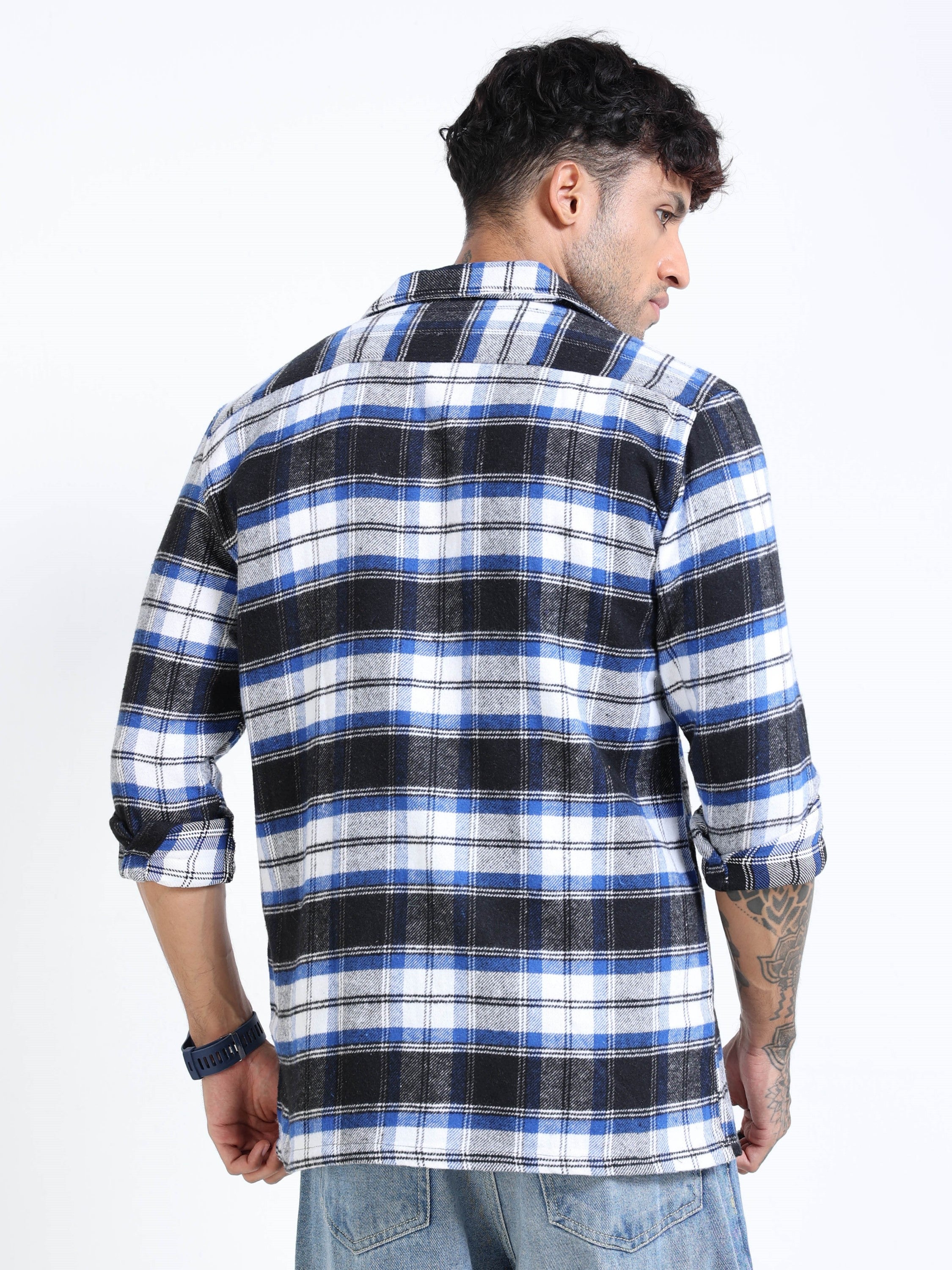 Men Twill Blue Checked Brushed Overshirt