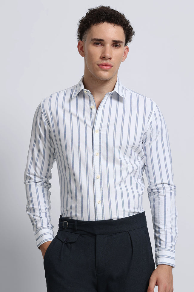 Men Blue Classic Striped Cotton Shirt