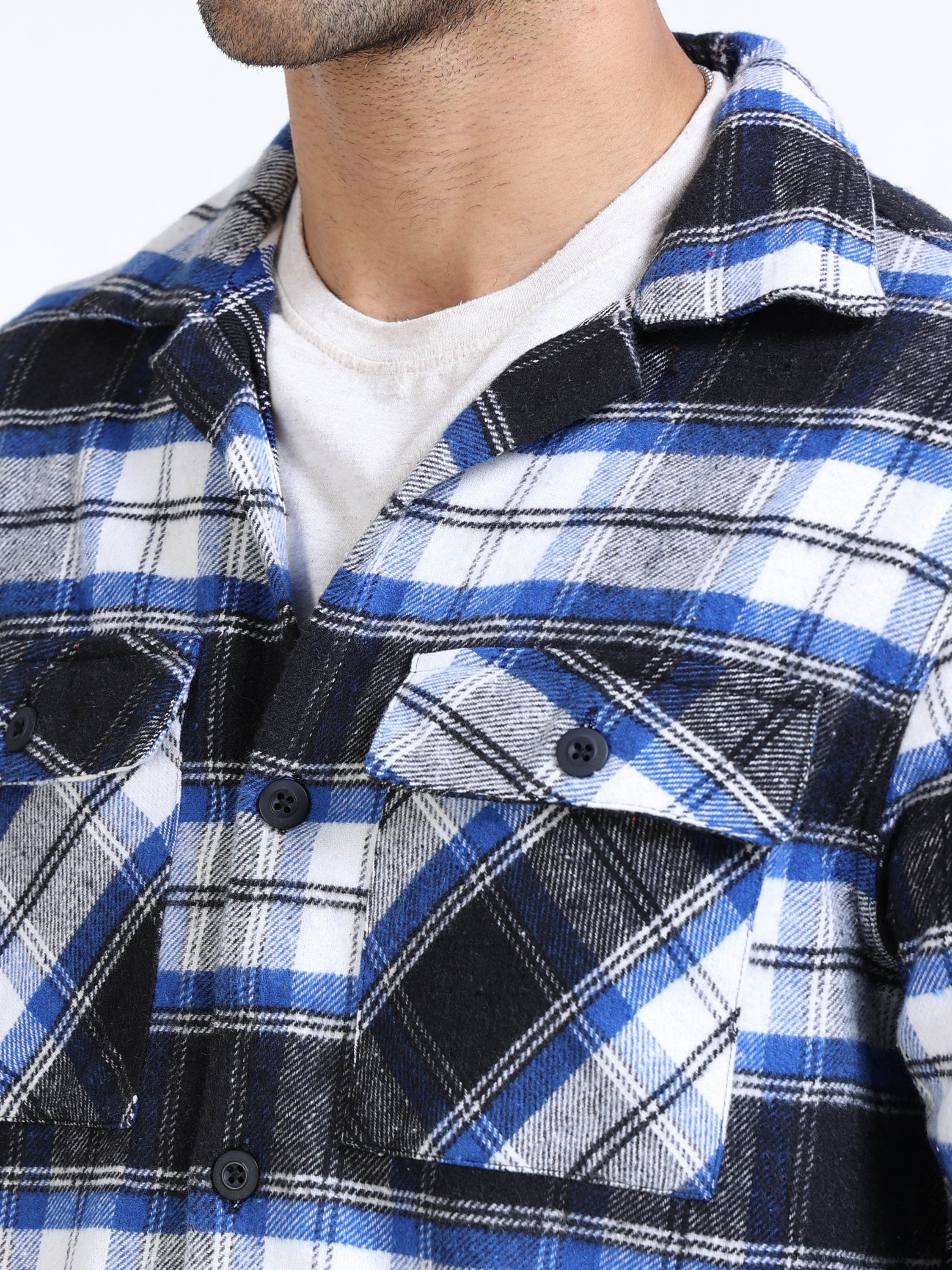 Men Twill Blue Checked Brushed Overshirt