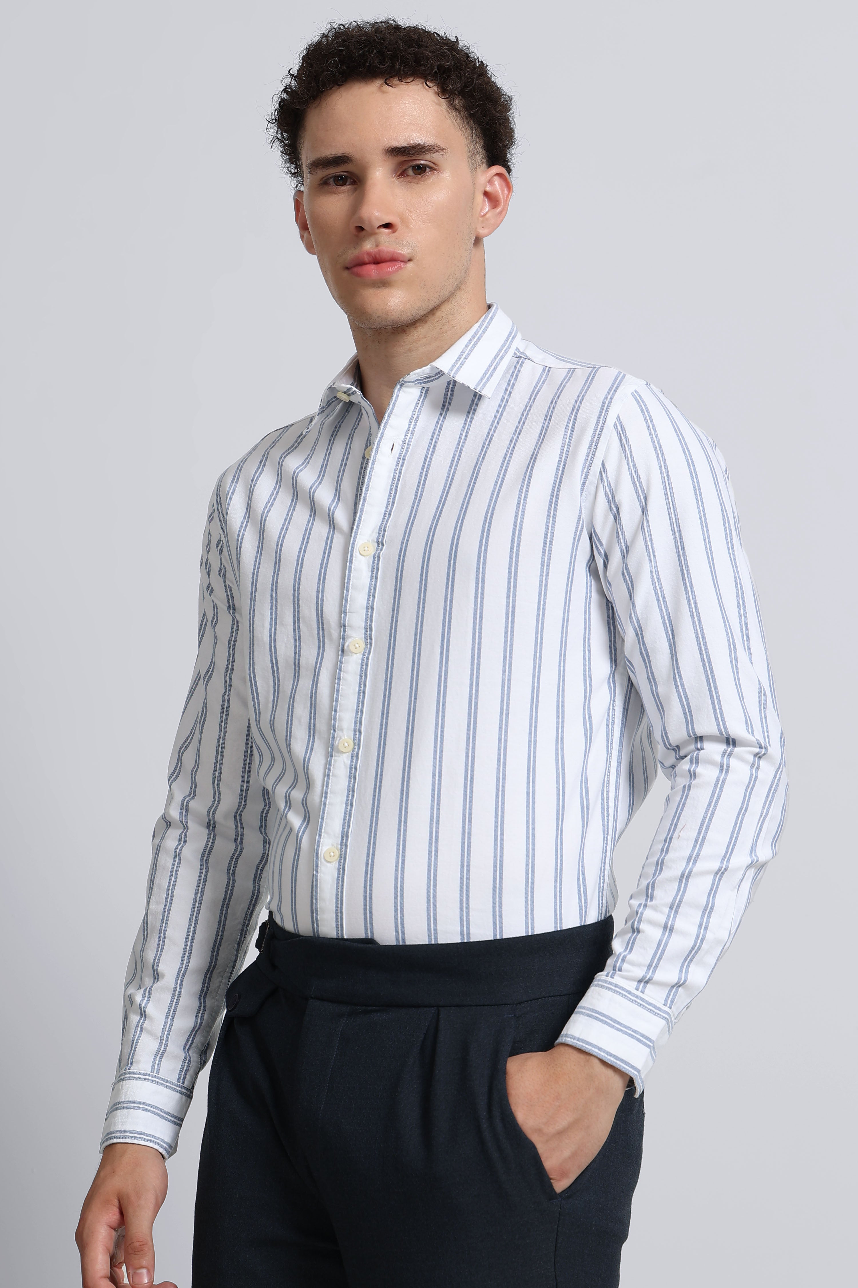 Men Blue Classic Striped Cotton Shirt