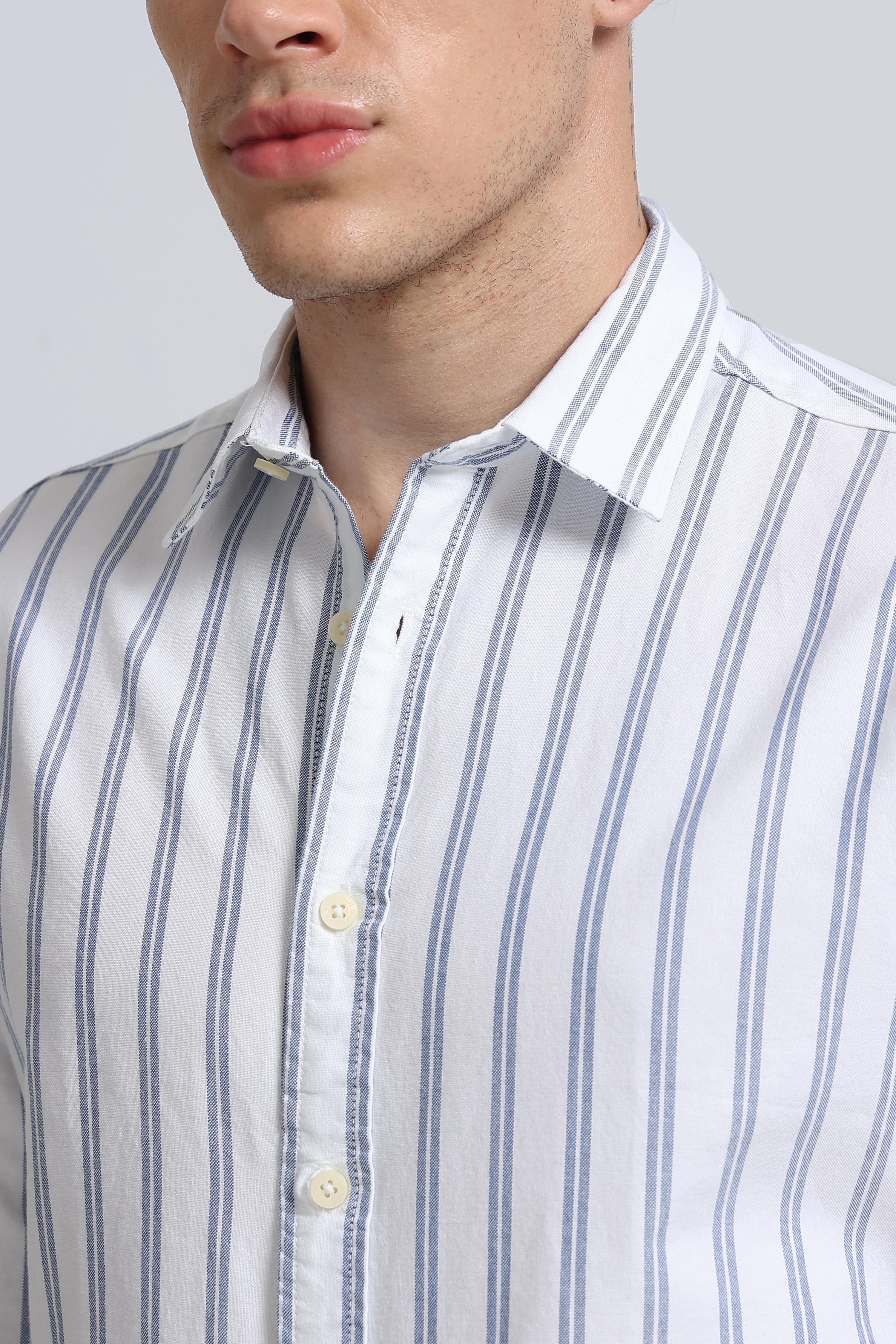 Men Blue Classic Striped Cotton Shirt
